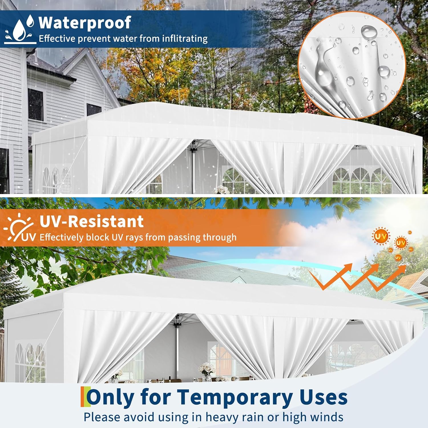 Garvee 10x20 Heavy Duty Pop Up Canopy Tent with 6 Removable Sidewalls, Easy Up Commercial Canopy Tents for Parties, Large Outdoor Canopies with 3 Adjustable Heights, Stakes X18, Ropes X6,White