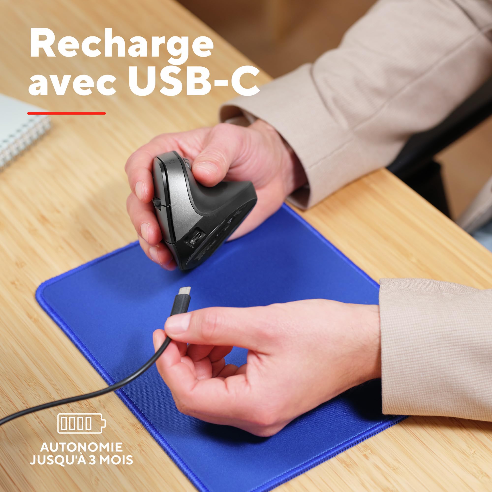 Trust Yuno Souris Ergonomique sans Fil, Souris Verticale Rechargeable, Récepteur USB 2,4GHz, DPI Réglable (800-2400), Capteur Optique, 6 Boutons, 70% Plastique Recyclé, Macbook, Ordinateur, HP - Noir