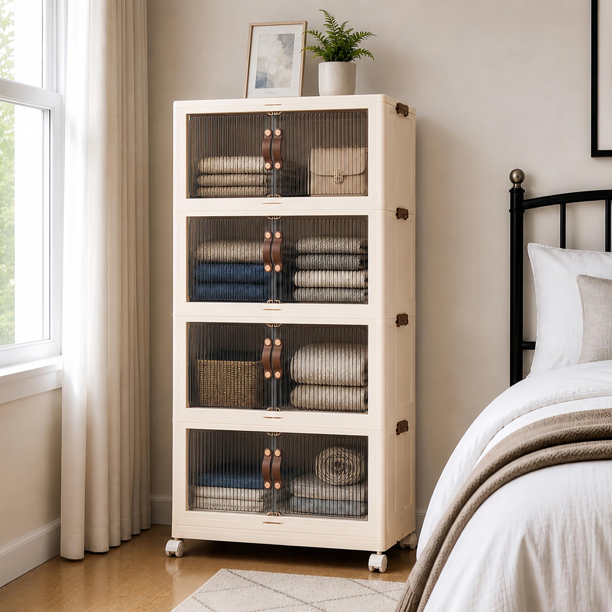 SAILUN SAILUN 116Gal/464Qt Stackable Storage Bins Folding Collapsible Storage Bins with a Lid, Closet Organizers and Storage,Blush White 26" W x 17" D x 56.7" H