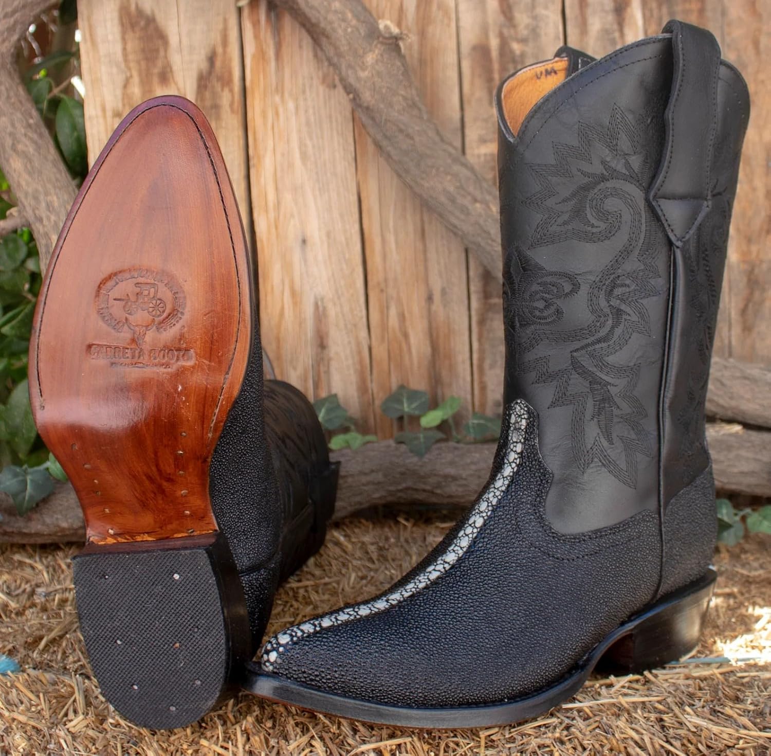 Men’s Genuine Leather Exotic Rowstone Stingray Print J-Toe Cowboy Western Boots - Black