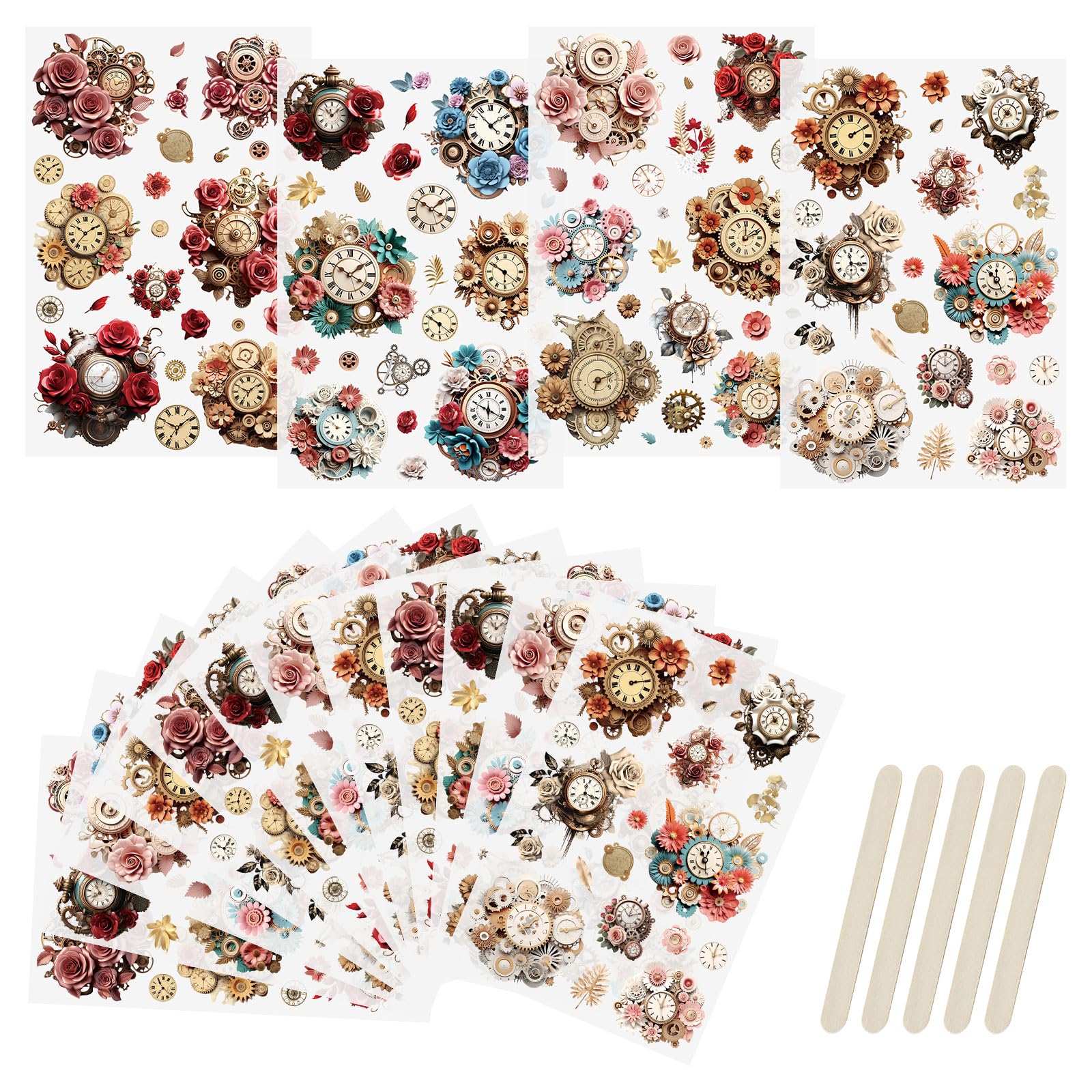 WANDIC Rub On Transfer Sticker, 16 Sheets Clock with Flowers Transfer Decals Waterproof Vintage Scrapbook Stickers for Greeting Cards Gift Wrapping โ image 1