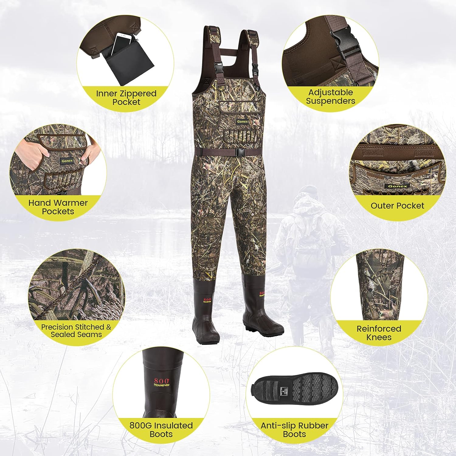 Gonex Neoprene Chest Waders with 600G/800G Insulated Boots, 100% Waterproof Breathable Insulated Brown/Camo Fishing Waders for Men Women Bootfoot Waders for Duck Hunting Ice Fishing : Sports & Outdoors
