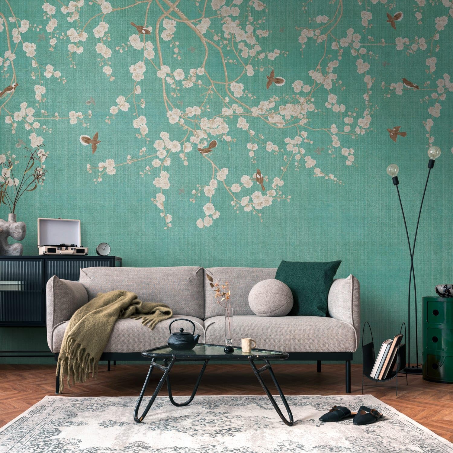 Papier peint floral haut de gamme Profhome intissé beige et bleu