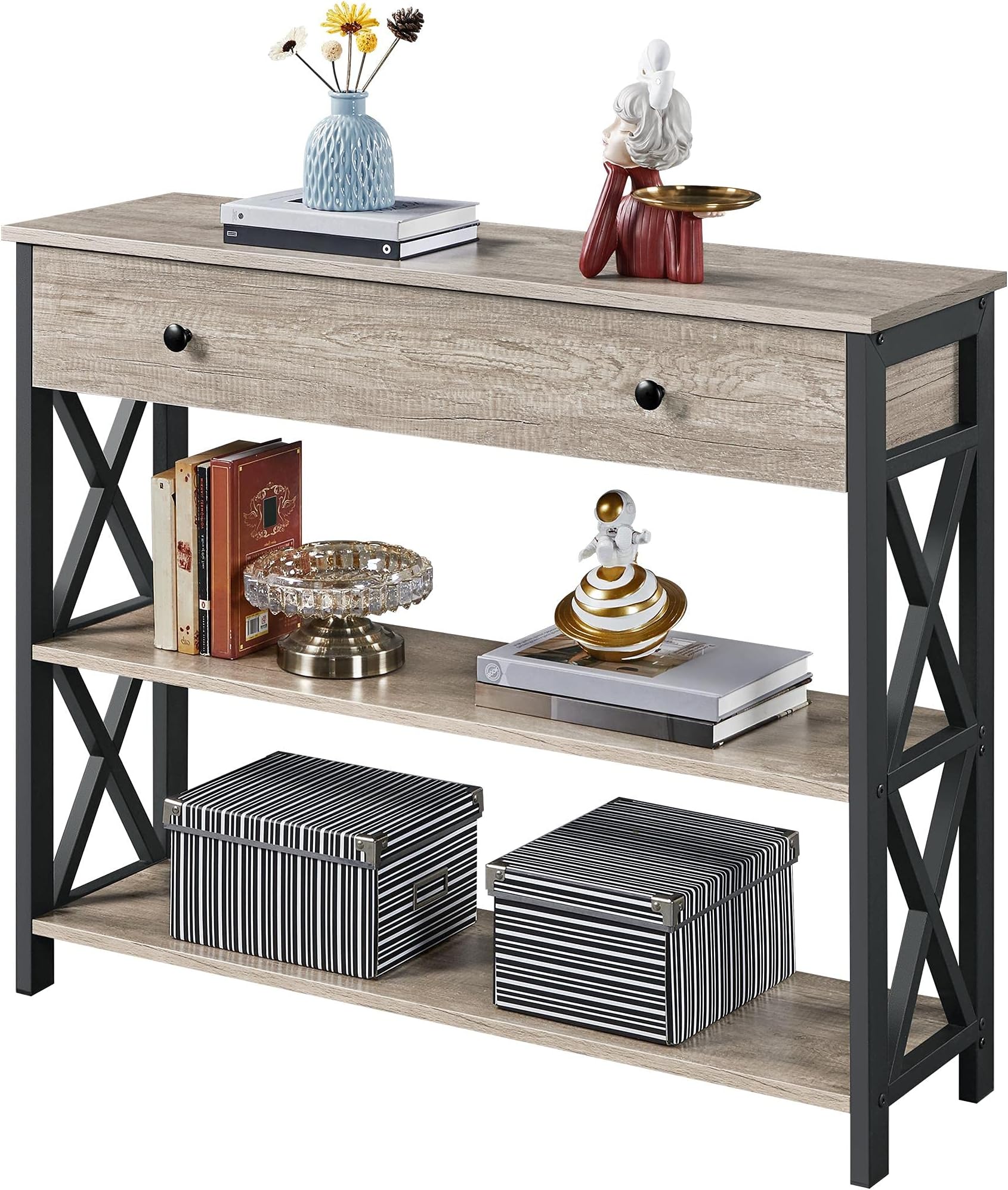 Yaheetech Console Table with Drawer, Hallway Table with Storage Shelves, Narrow Long Sofa Entryway Table for Foyer Living Room Bedroom, Metal Frame, X-Shaped Design, Gray