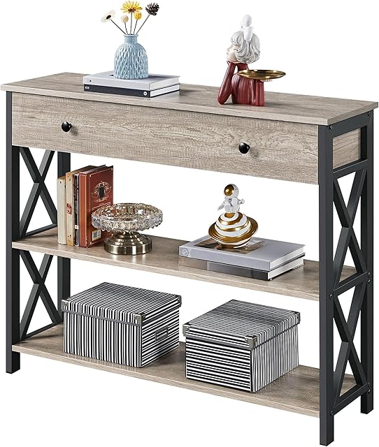 Yaheetech Grey Console Table with Drawer, Vintage Entry Table Slim Sofa Side End Table with 2 Storage Shelves for Living Room and Hallway, 100x29.5x80.5cm, Metal Frame