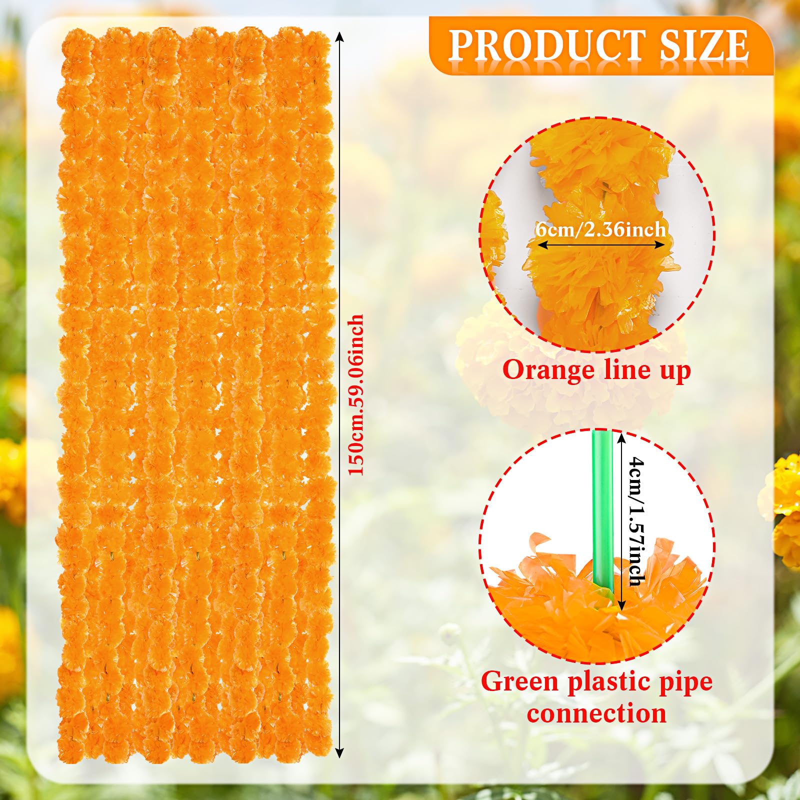Tigeen 24 Pcs 5 ft Long Strands Faux Artificial Marigold Flowers Garland for Wedding Party Mantle Decoration, Faux Garlands Wedding Garland, Diwali Decoration for Home Christmas Decor (Orange)