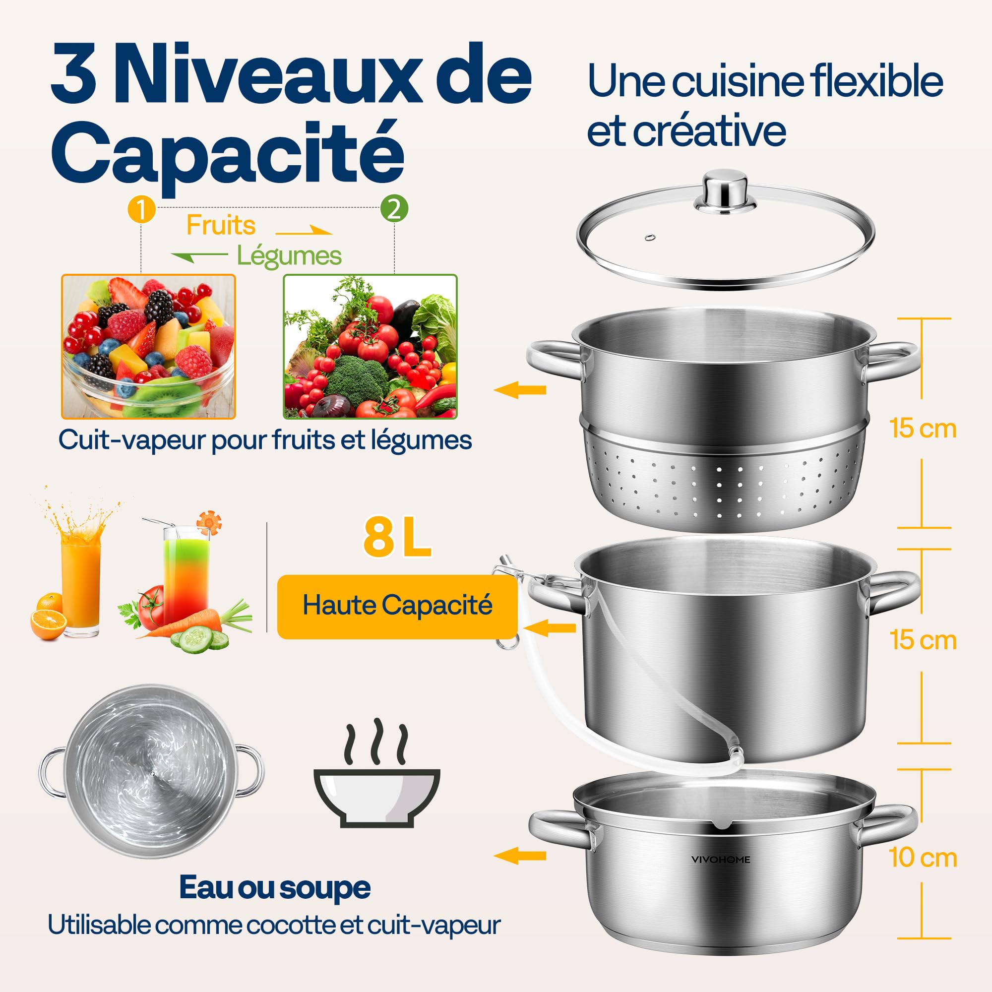 VIVOHOME Extracteur de Jus à Vapeur avec Couvercle en Verre, Ø 26cm, Capacité 8L, Convient à tous les Types de Cuisinières, y compris Induction, Idéal pour le Jus de Fruits et Légumes