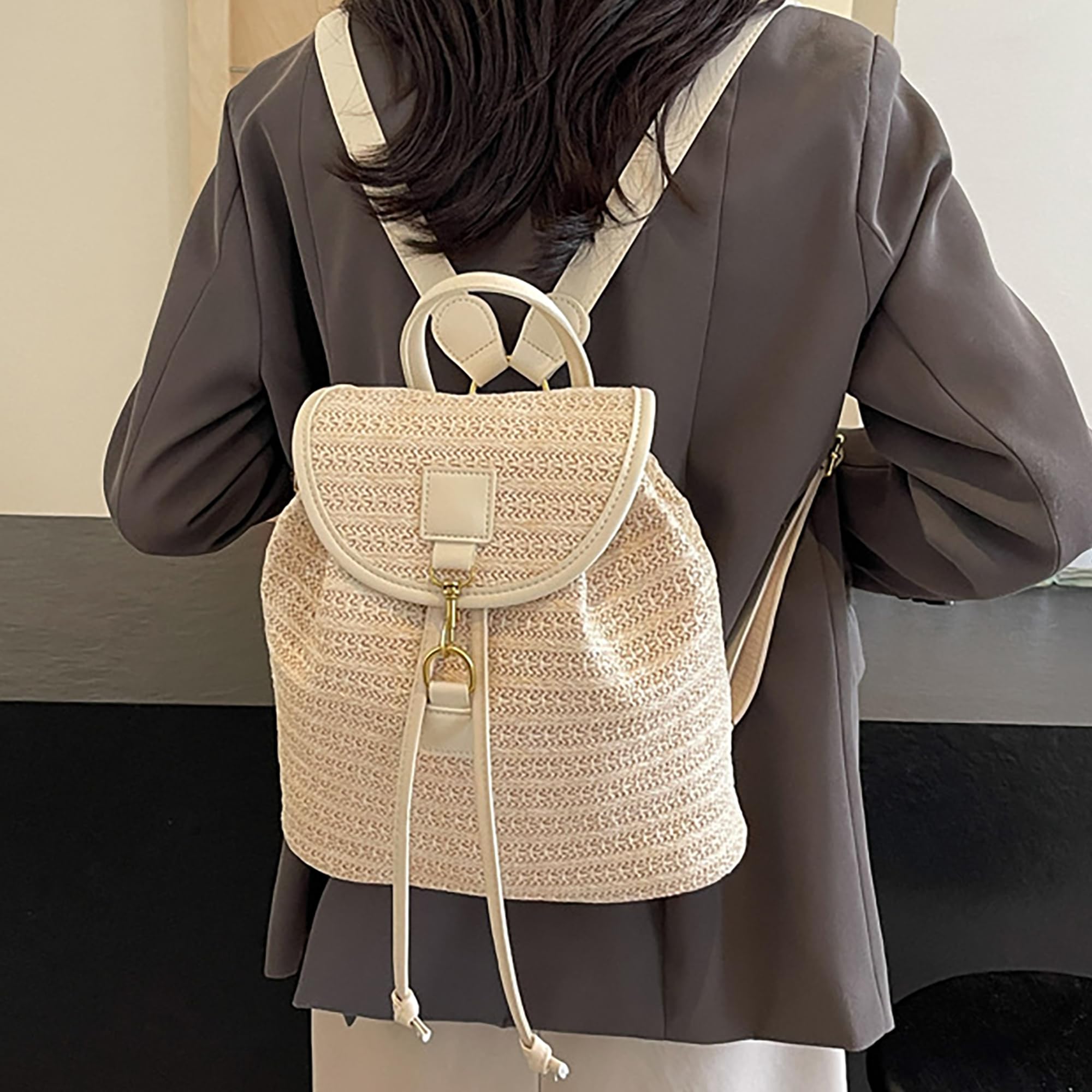 Sac à dos en paille - Sac de plage fait à la main - Avec cordon de serrage - Style bohème - Pour femme - Voyage - Vacances