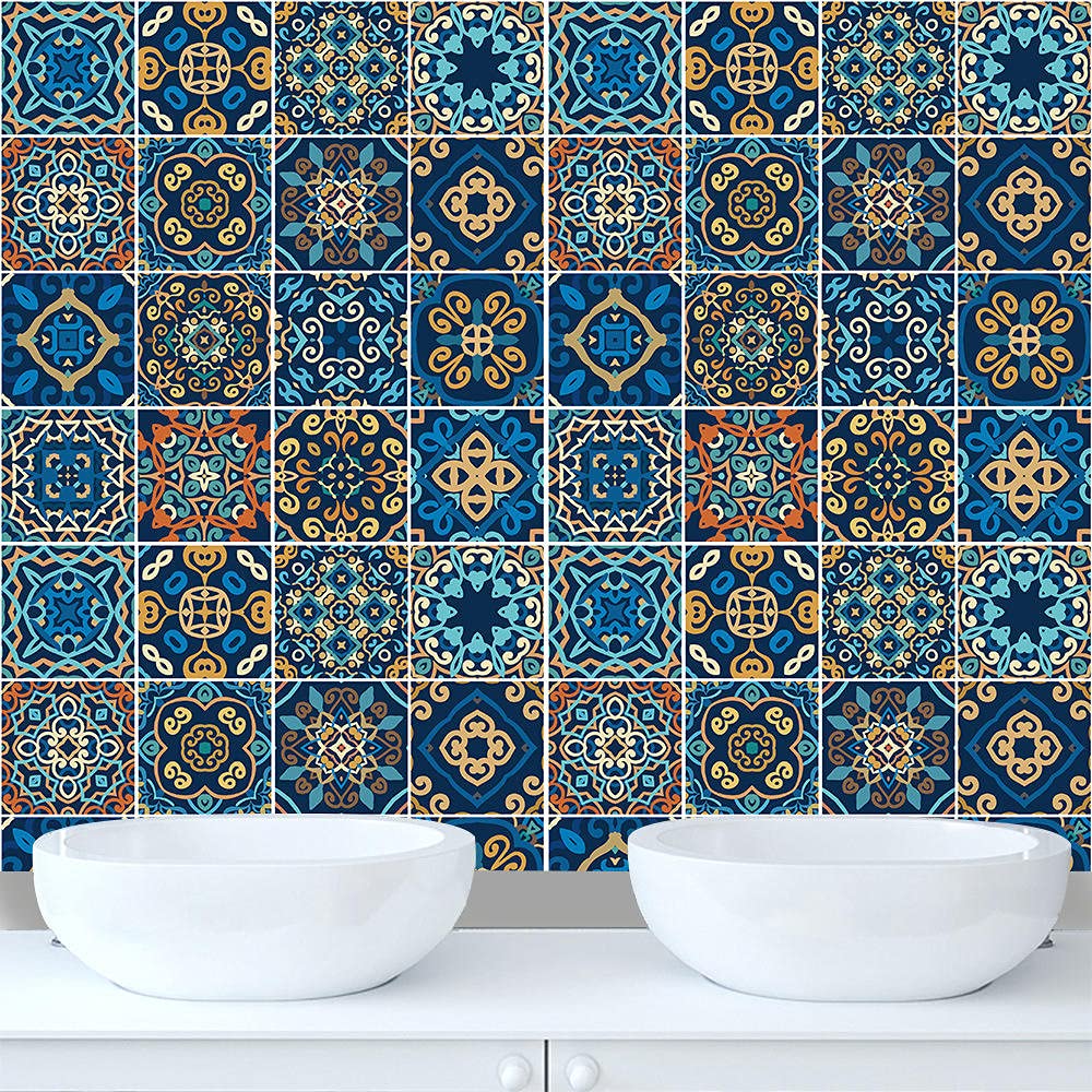 Pegatinas de azulejos coloridas impermeables pegatinas de pared DIY autoadhesivas autoadhesivas retro cuadrados para decoración de muebles de cocina baño 30 cm x 30 cm x 16 piezas