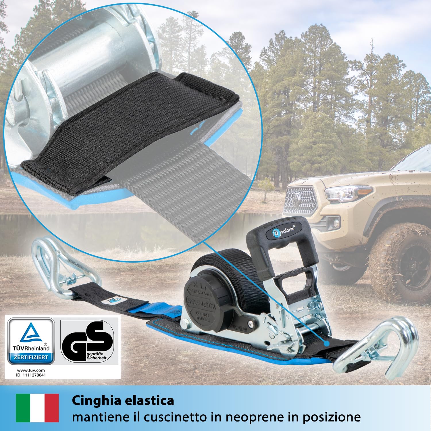valonic GRIZZLY - 2x 5m XXL Cinghie di fissaggio automatiche con gancio a moschettone, 35mm, 800/1600 Kg, imbottite, certificate TÜV Rheinl. e GS, EN 12195-2 - con cricchetto, nero