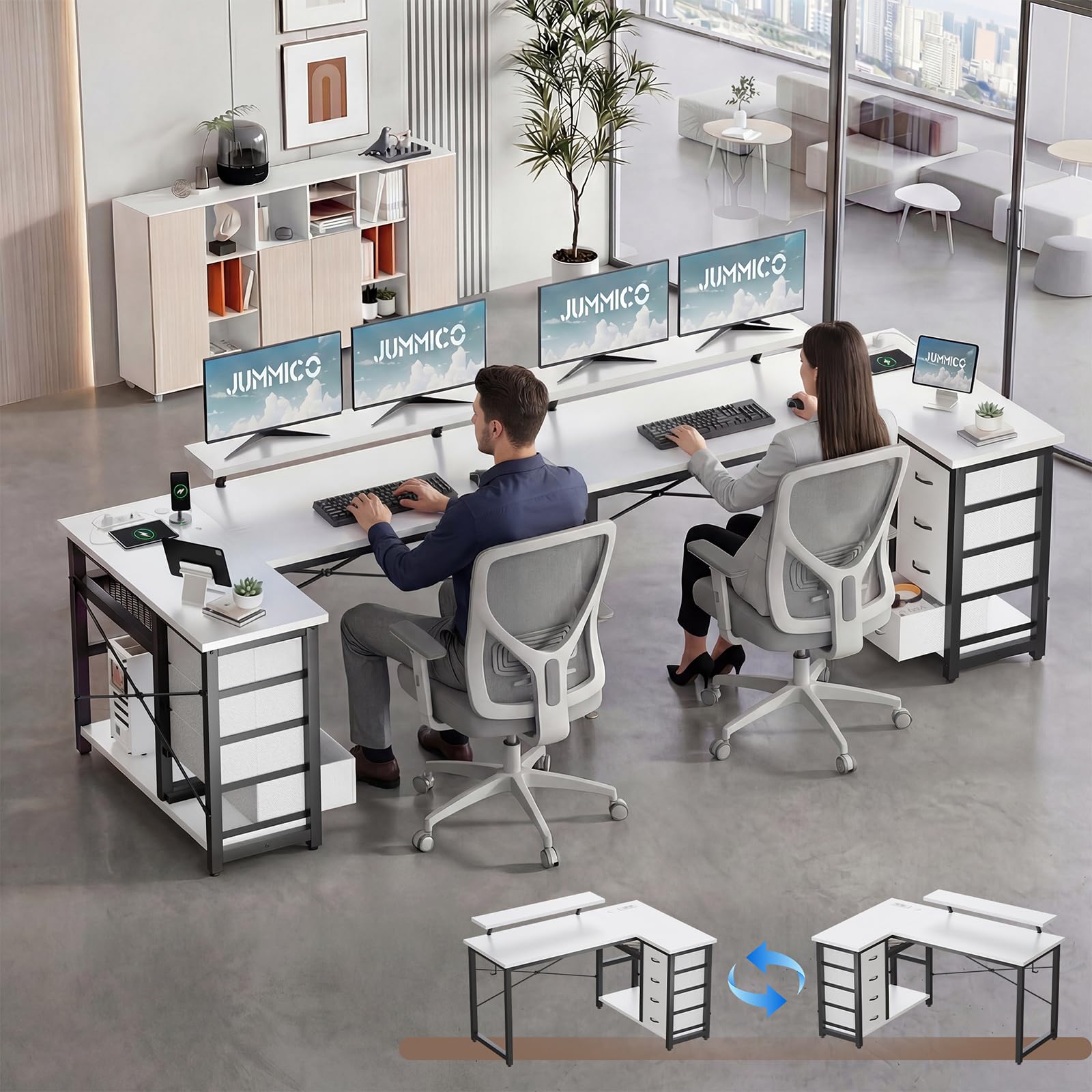 JUMMICO Scrivania a forma di L con 4 cassetti in tessuto, scrivania angolare reversibile con 2 prese e 2 porte USB, scrivania per computer a forma di L, per home office gaming, bianco, 160 x 80 cm