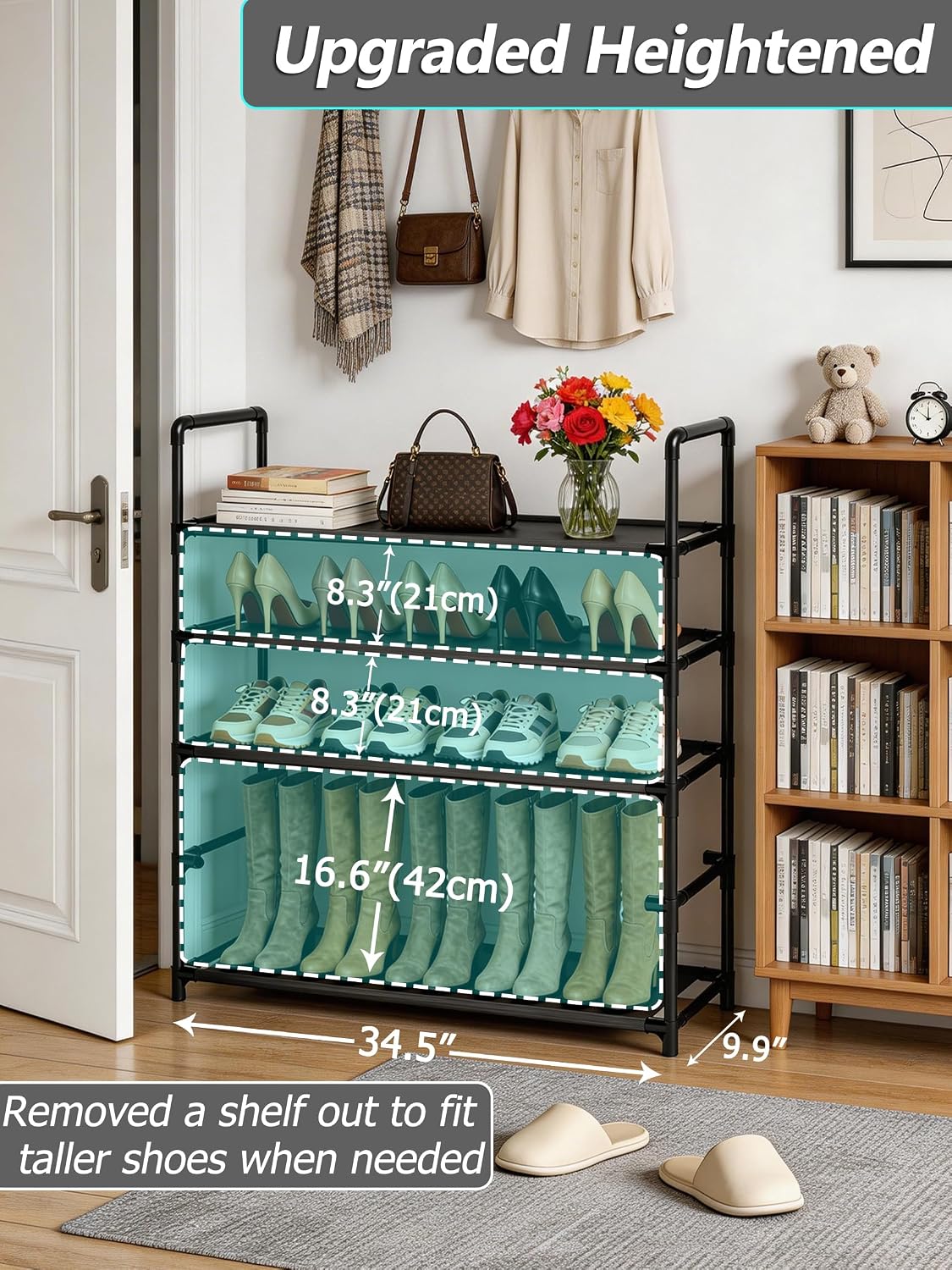 Long Shoe Rack Large Capacity, 34.5" Wide Entryway Shoe Organizer, Stackable Metal Frame Waterproof Nonwoven Shelves, Space Saving Storage for Closet Hallway Garage, Black (5-Tier(34.5" W))