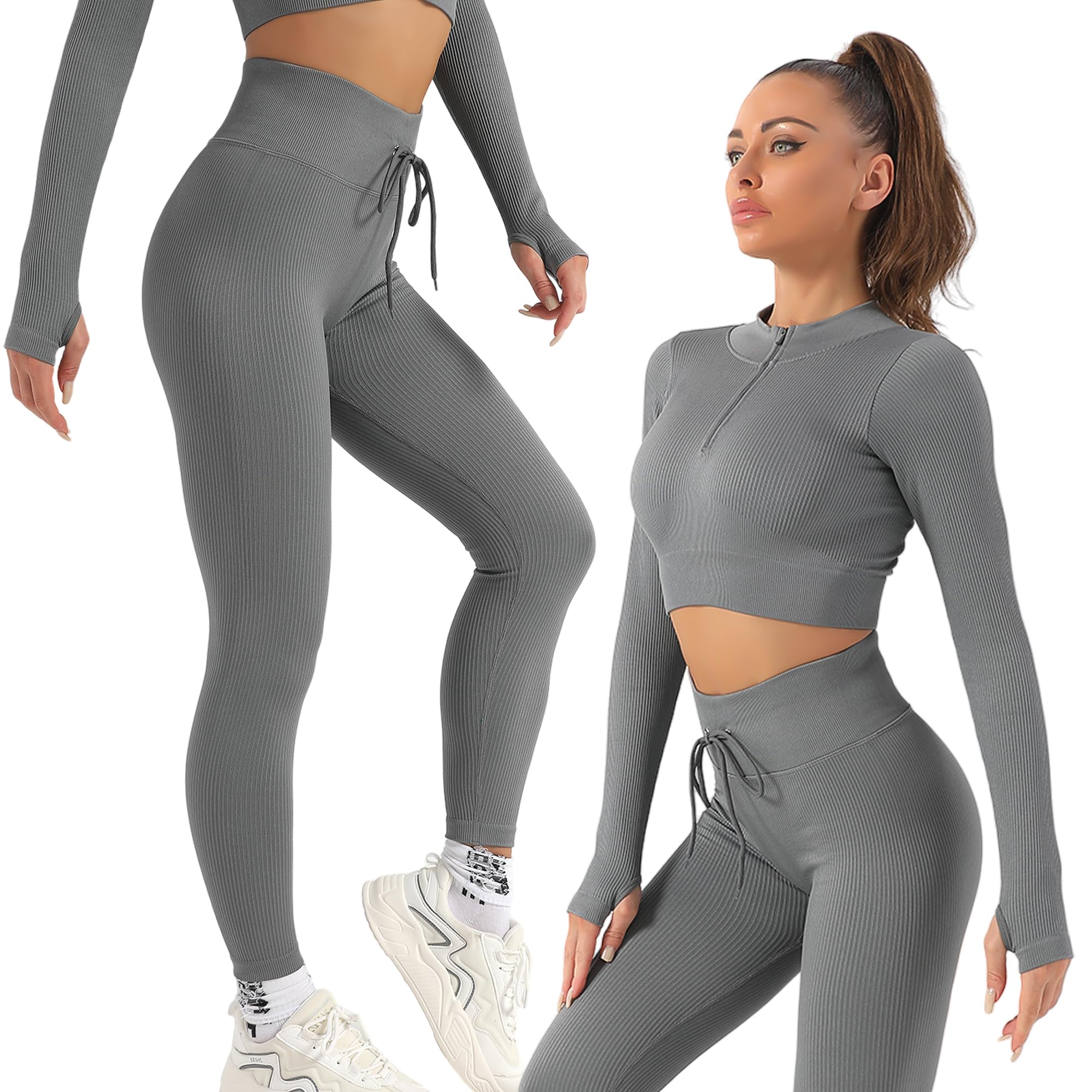 K-MART Gym sets for women 2 piece zip up jacket Workout outfits, Cropped Top, Long Sleeve, Leggings Set for Running, Yoga, Gym, Sports Activity