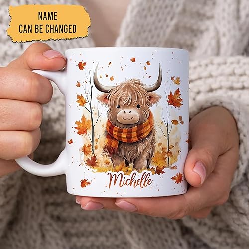 Miniatura 2 de Hyturtle Taza de café personalizada con hojas de arce de vaca de las tierras altas de otoño, regalos de cumpleaños para los amantes de las vacas,