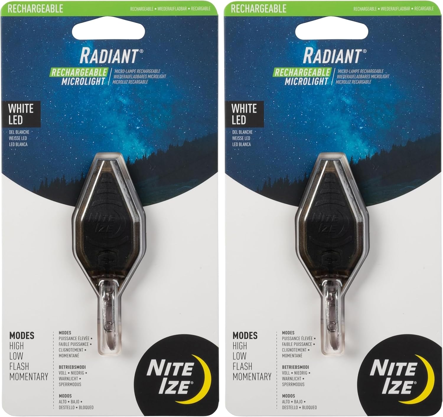 Nite Ize Radiant Rechargeable Microlight - Rechargeable Keychain Flashlight with LED Light - Microlight for Travel, Camping, Car Key Keychain & House Key Keychain - 12 Lumen Light (Pack of 2)