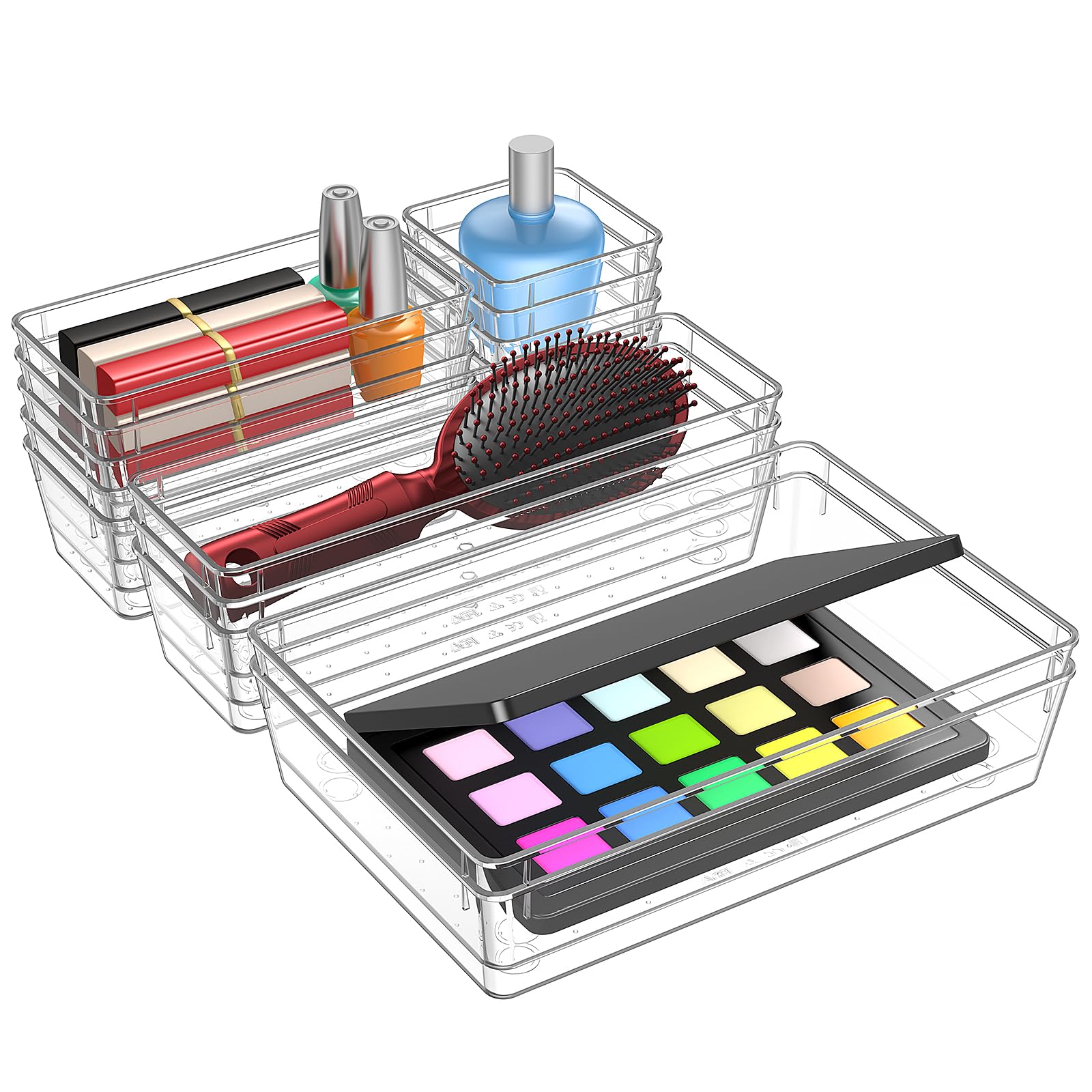 Hymony Organizadores de Cajones 15 Piezas con 4 Tamaños, Organizador de Maquillaje para Tocador, Cajas Transparentes para Escritorio y Baño