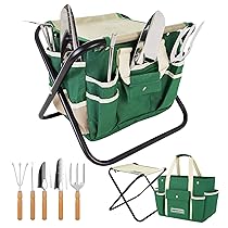 GardenHOME Set di Attrezzi da Giardino 7 Pezzi Kit Giardinaggio, Utensili da Giardino in Acciaio Inossidabile con Sgabello Pieghevole e Borsa