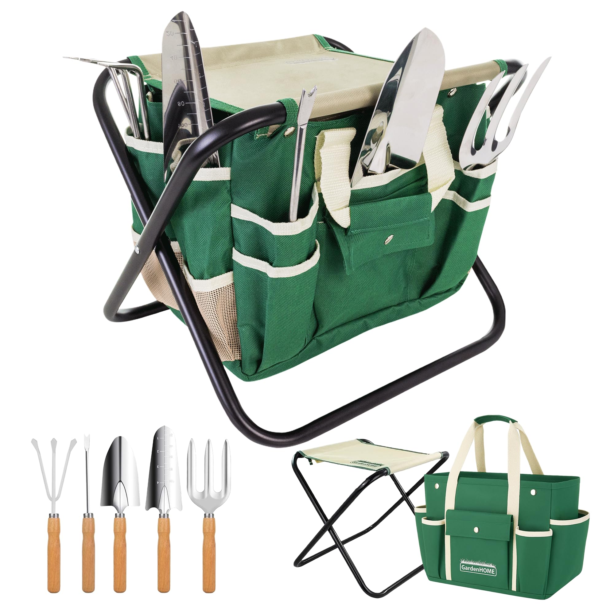 GardenHOME Set di Attrezzi da Giardino 7 Pezzi Kit Giardinaggio, Utensili da Giardino in Acciaio Inossidabile con Sgabello Pieghevole e Borsa
