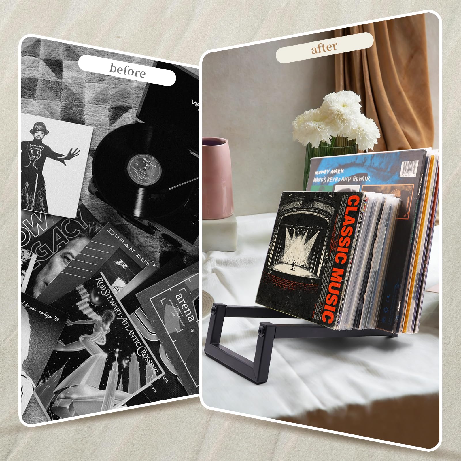 MayRecords Espositore per dischi in vinile, a forma di Z, in metallo nero, può contenere fino a 30 album, doppio metodo di installazione, multiuso per CD/libri/cartelle