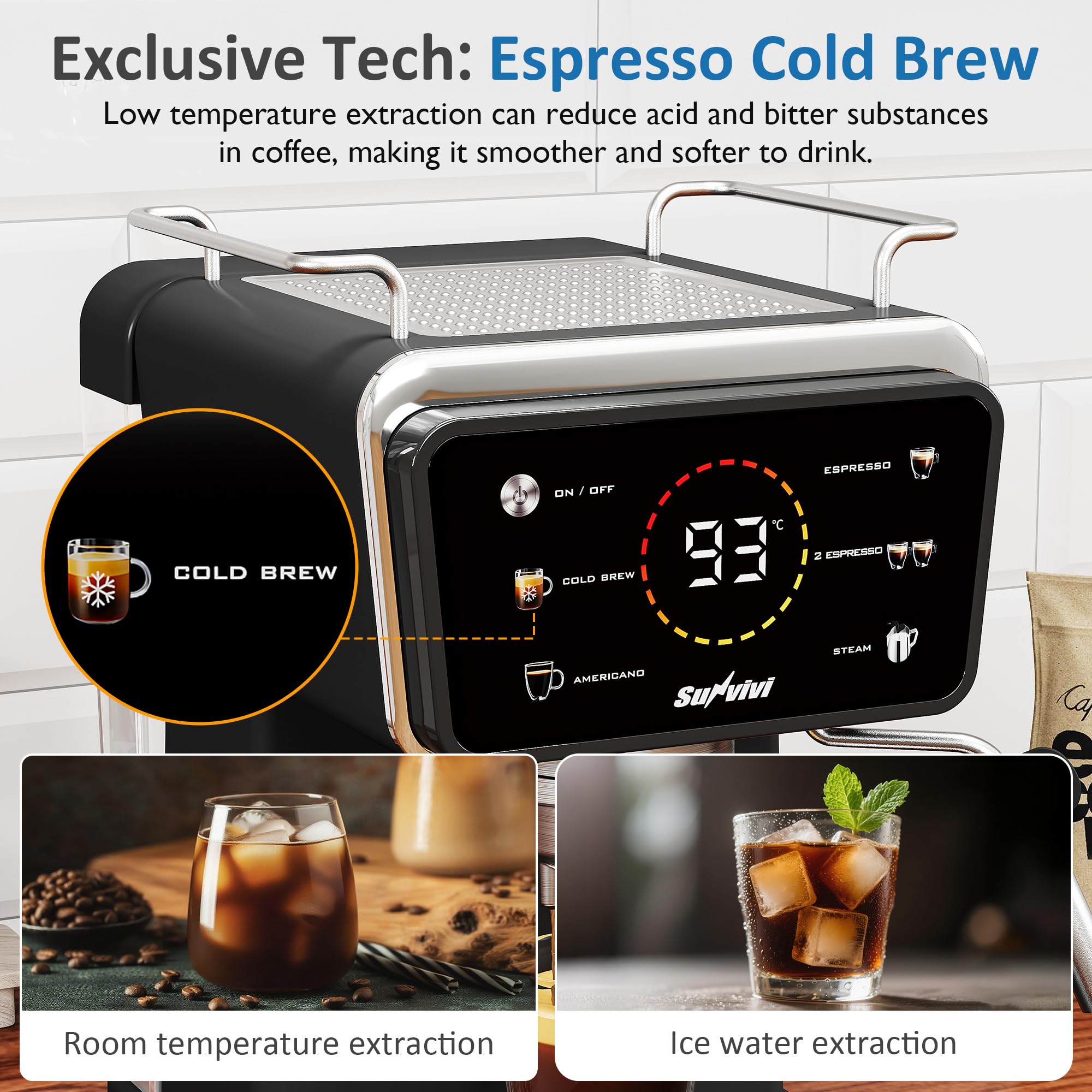 SUNVIVIPRO 20 Bar Espresso Machine with Milk Frother, Iced Coffee Maker for Espresso, Cold Brew, and Americano, 52OZ Removable Water Tank, Coffee Machine for Home and Office, Black - 3