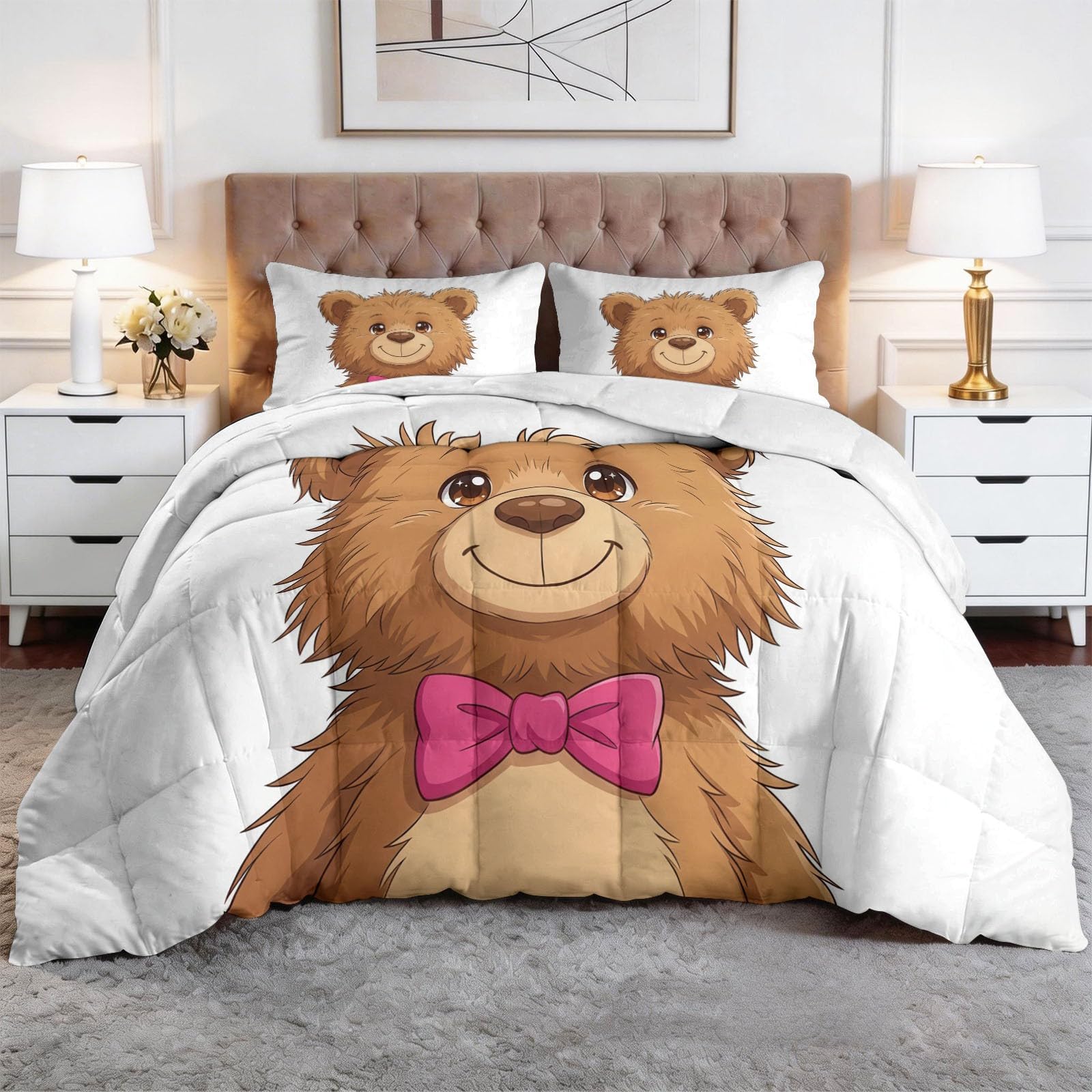 Generico Completo Copripiumino Imbottito 200 x 200 cm Campagna Animali Orsacchiotto Trapunta Tutto in Uno, Microfibra Traspirante & Lavabile Edredón – Set 3 Pezzi con 2 Federe, Design Elegante, Beige
