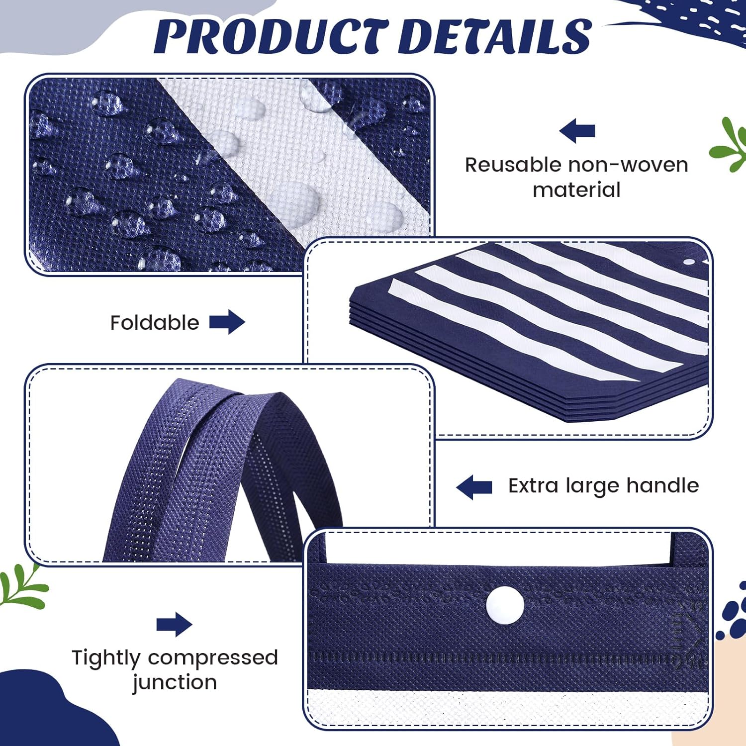 Paterr 100 Pcs Reusable Grocery Bags Bulk Shopping Tote with Handle Non Woven Portable Foldable Tote Bag Gift with Button - Image 5