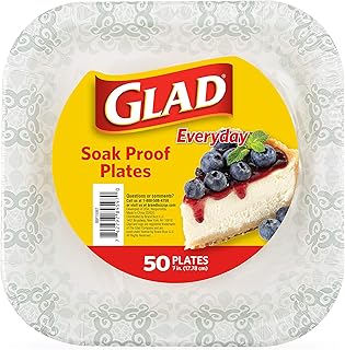 Glad Square Disposable Paper Plates with Gray Victorian Print|Soak Proof, Cut-Proof, Microwaveable Heavy Duty Disposable P...
