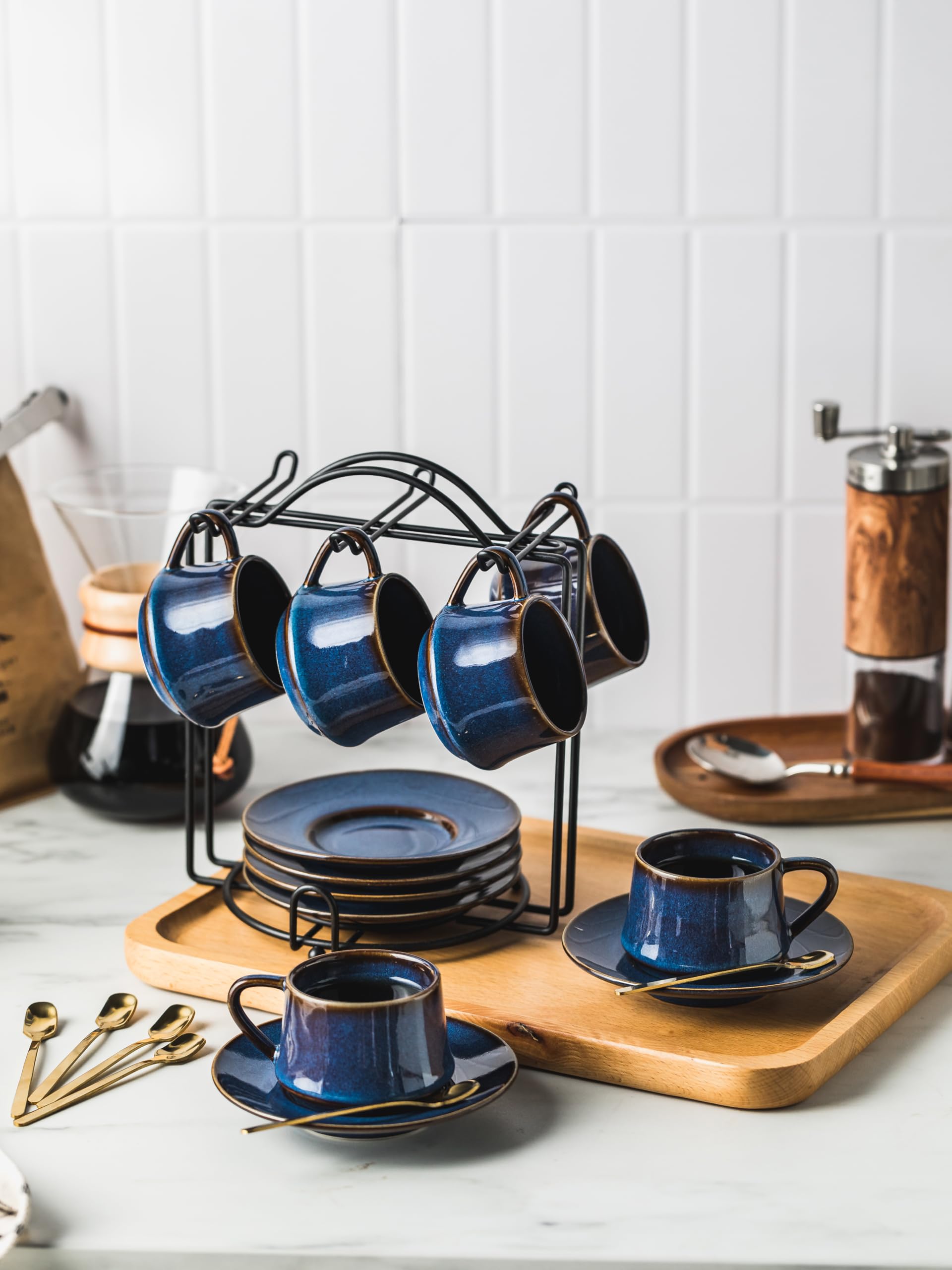YHOSSEUN Juego de 6 tazas de café Expresso Shots de 4 onzas, taza de café pequeña con soporte de metal Sacuers, tazas de espresso de cerámica para capuchino, latte, café moca y té, azul