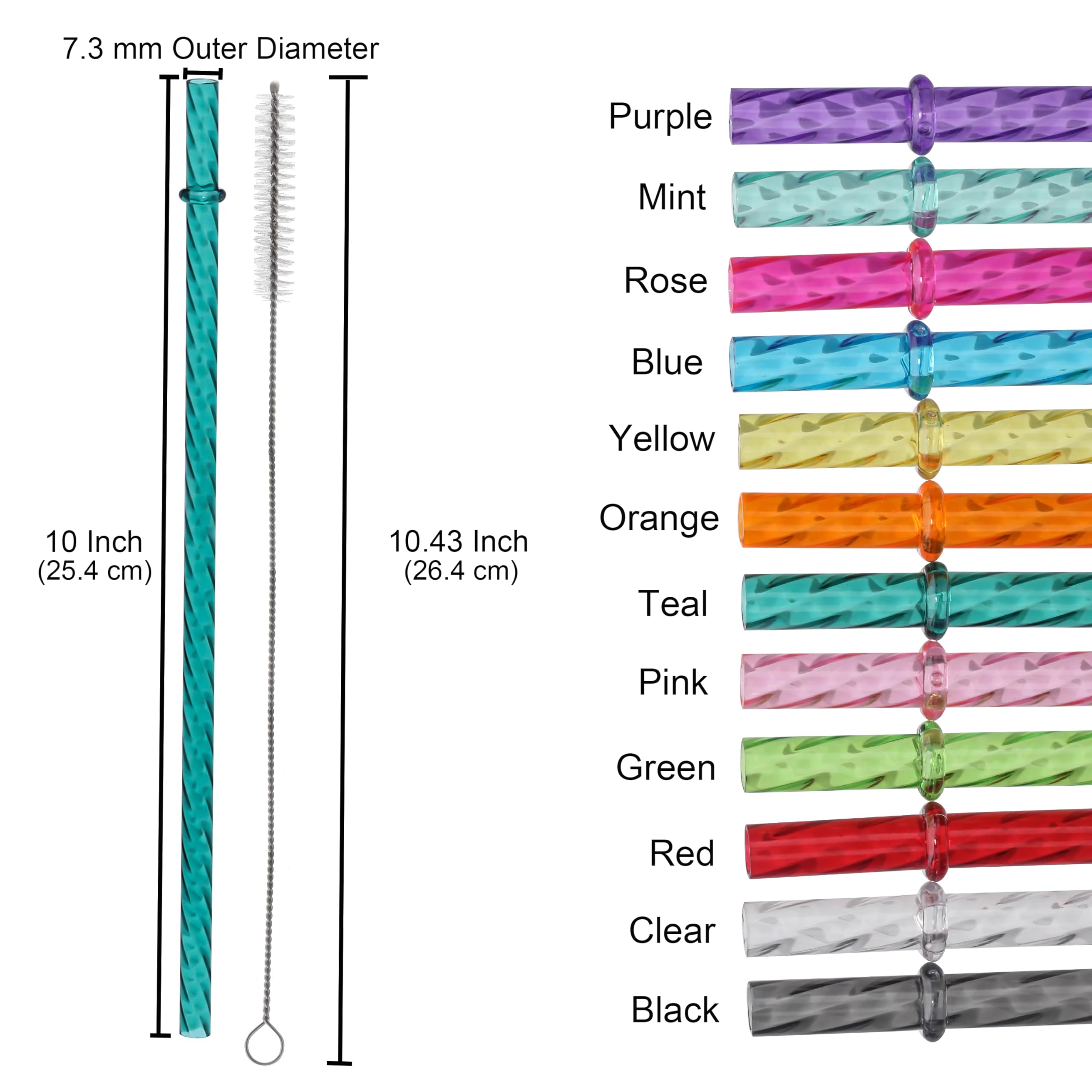 Dakoufish 10 Inch Reusable Clear Plastic Swirl Drinking Straws for 16 oz & 24 oz Jars/Tumblers,Set of 12 Pcs Replacement Straws with Cleaning Brush (10inch - Image 2