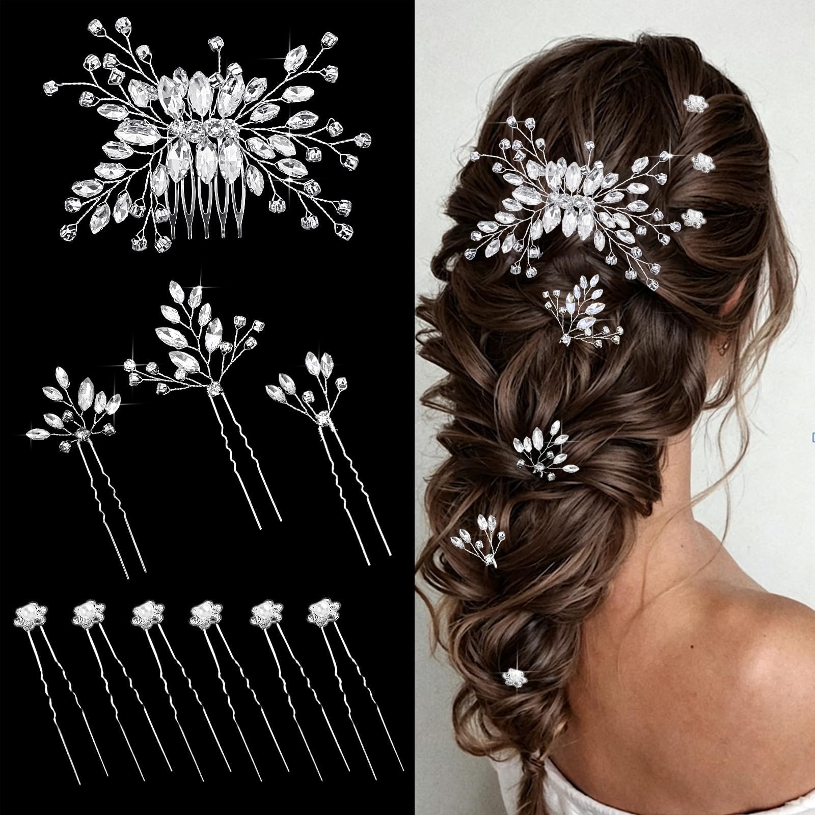 Photo 1 of 10 PCS Rhinestone Bride Hair Pins for Bride Bridesmaids Flower Girls Crystal Hair Accessories for Wedding Campus Dance Party