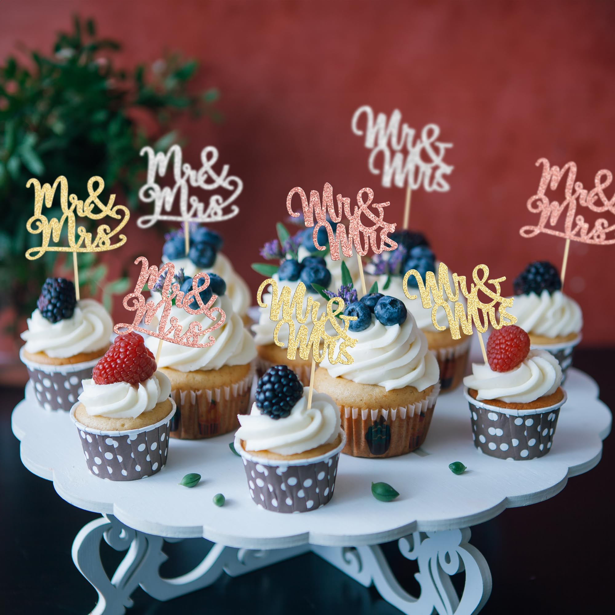 Gyufise Cupcake-Topper Mr & Mrs 36 Stück - Glitzernde Hochzeitsdekoration | Für Torten & Desserts