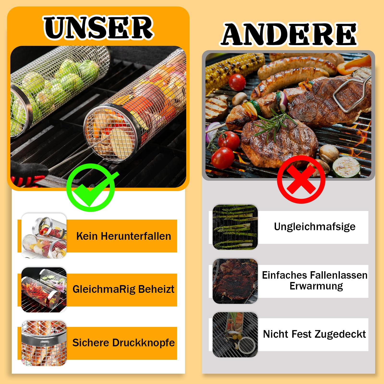 2-tlg. Rolling Grillkorb Set Edelstahl - Zylindrische Grillkörbe Für Gemüse & Fleisch