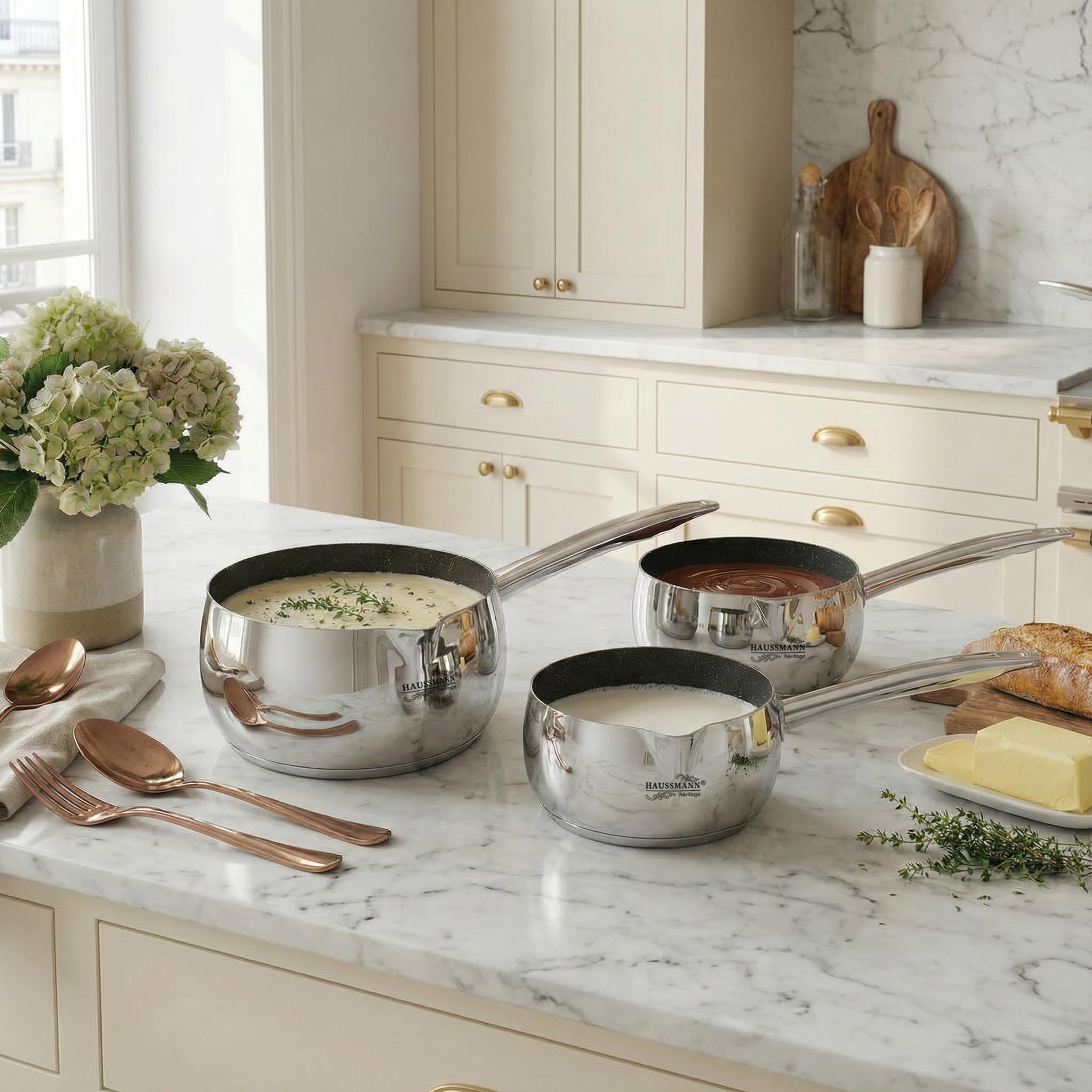 Haussmann Héritage® - Set de 3 Casseroles Inox avec Revêtement Façon Pierre (16/18/20 cm) - Antiadhésif Sans PFOA - Compatible Induction - Fond Triple Épaisseur, Manches Rivetés & Becs Verseurs