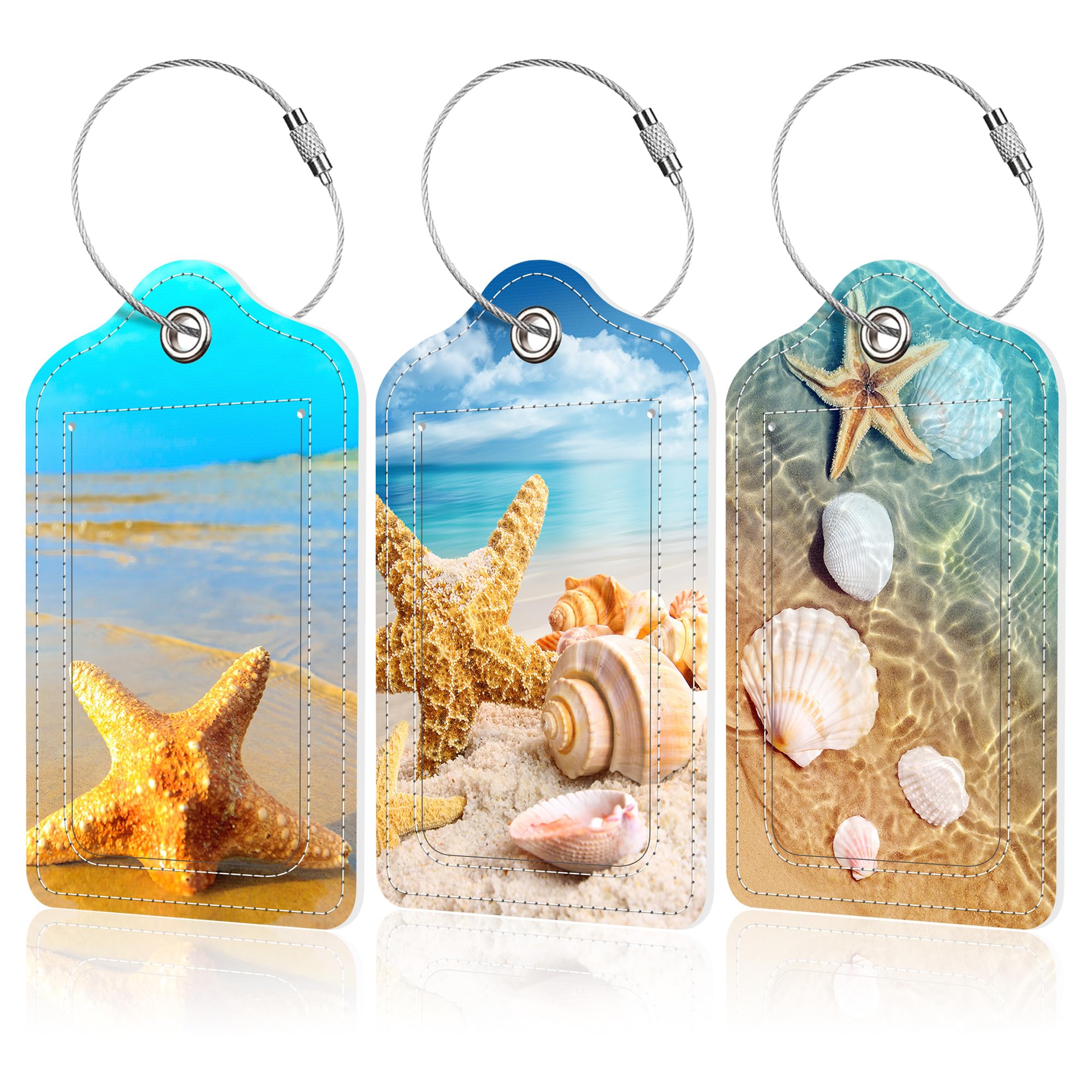 EOBKLAX 3 Pack Starfish and Seashells Luggage Tags for Suitcases,Beach with Blue Sky Leather Baggage Suitcases Tag Name ID Label Privacy Cover Travel