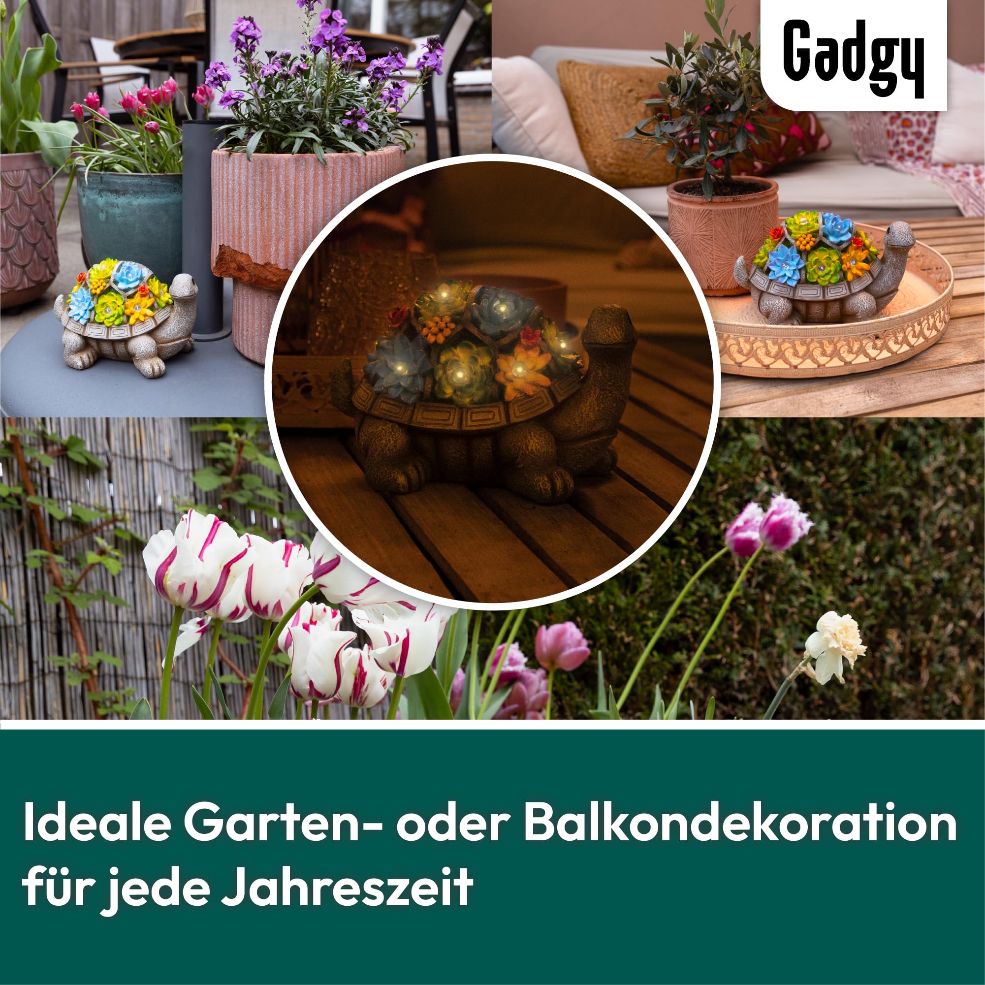 Gadgy Solar Gartenfiguren Schildkröte - Solarlampen für außen - Solarleuchte Figuren Deko mit Sukkulenten - Gartendeko für draußen - Balkon Deko Tierfigur - Gartenfigur Ornament Solarlaterne