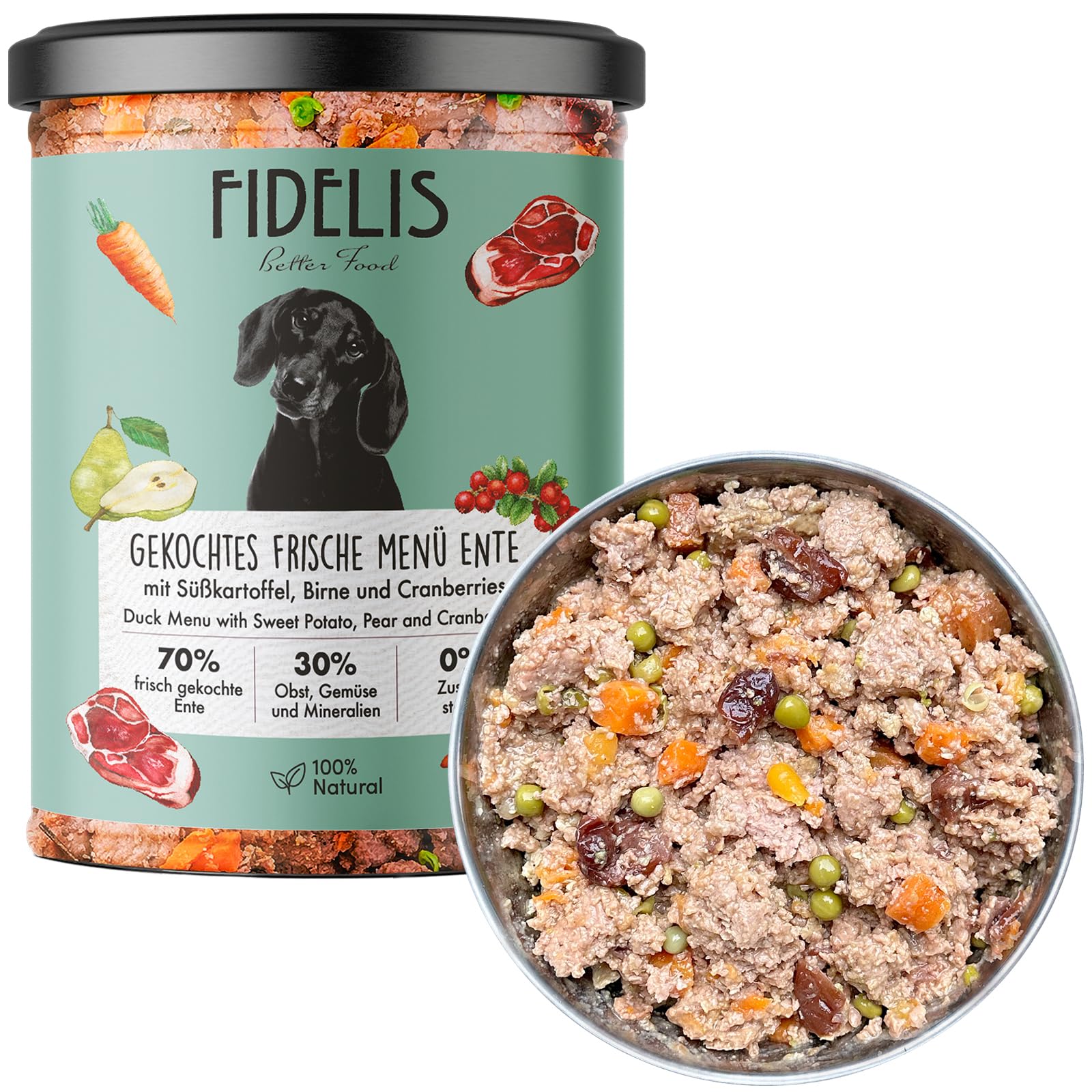 Fidelis  Gekochtes Frische-Men fr Hunde mit Ente, Skartoffel, Birne &  Cranberries (400g Glas)  Hundefutter nass mit 70% Fleischanteil & frischen  ZutatenNassfutter ohne Zustze. : Amazon.de: Haustier