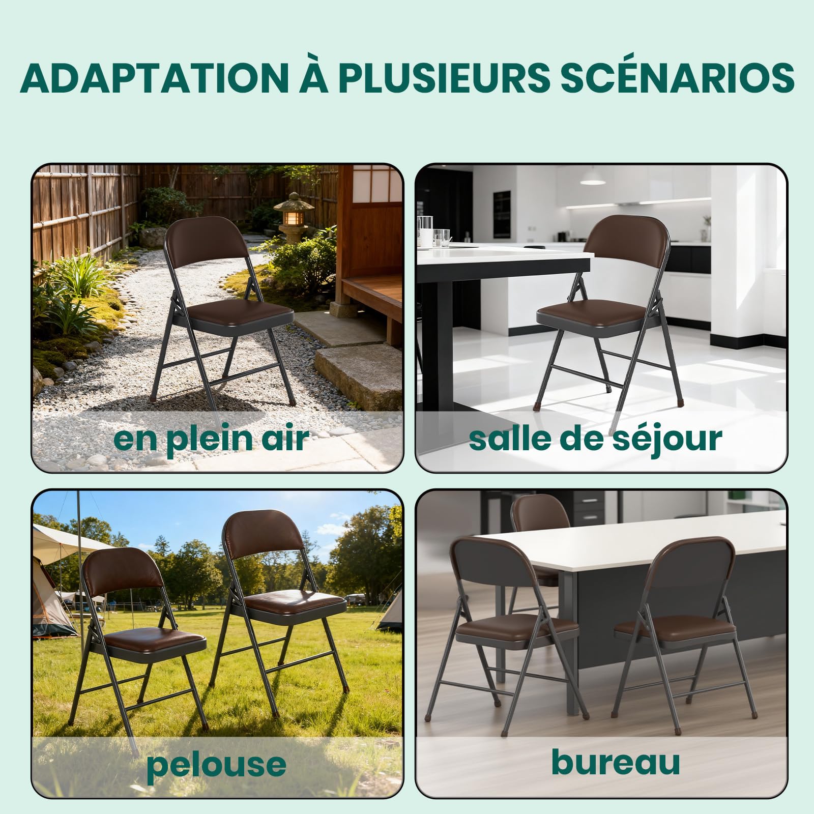 Chaise Pliante en Cuir PU Rembourrée, Cadre en Métal Solide, Légère et Compacte, pour Bureau, Maison, Événements (6, Marron)