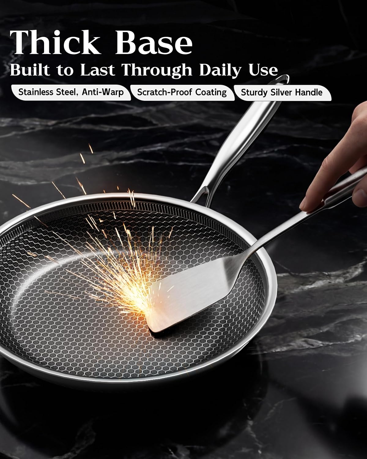 7 Inch Honeycomb Stainless Steel Nonstick Frying Pan with Lid, Induction Cooktop Compatible Skillet, PFOA-Free Scratch-Proof, Dishwasher & Oven Safe, Stay-Cool Handle, Silver Kitchen Cookware - Image 6