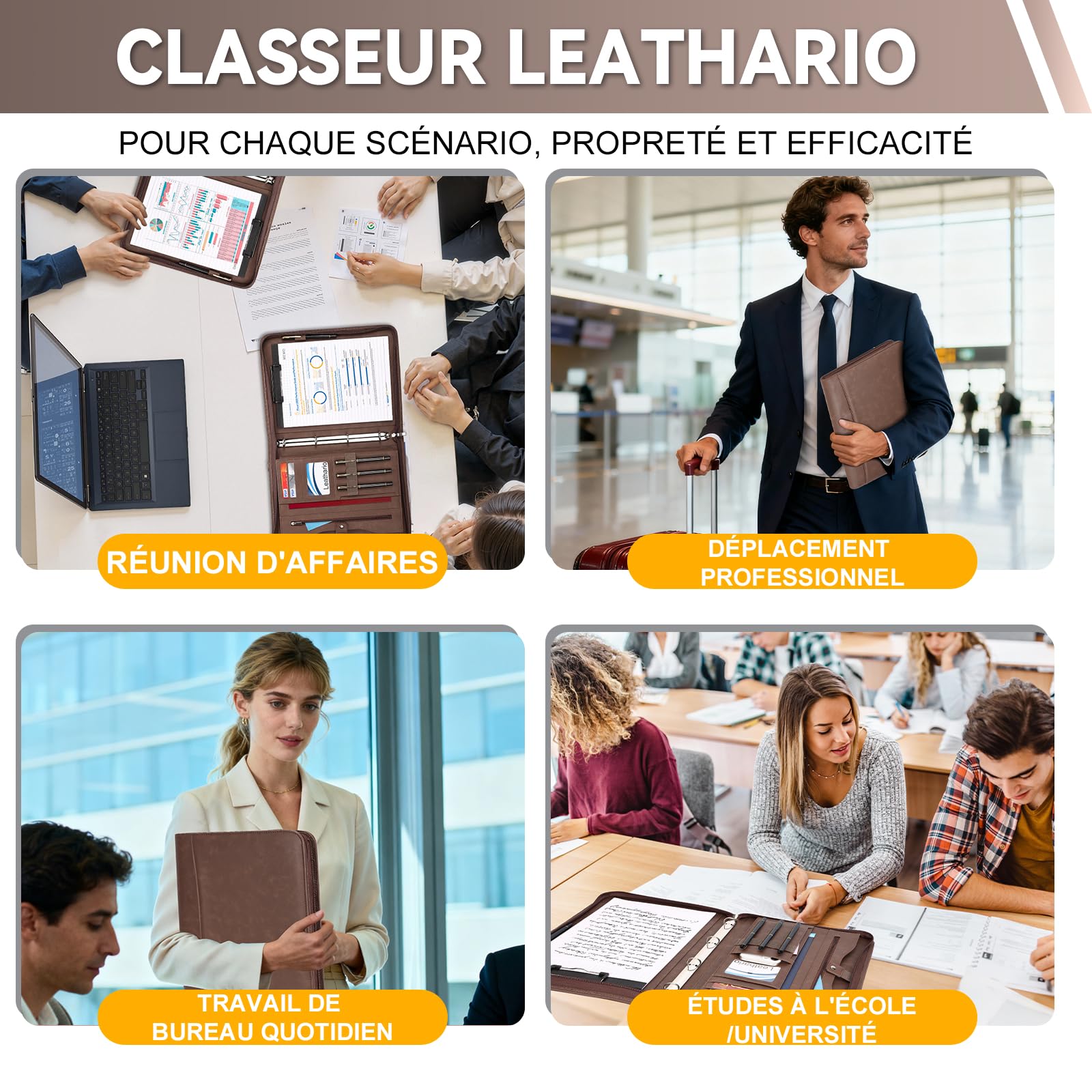 Leathario Porte Document A4 en Simili Cuir, avec Papiers Écrit, Porte Bloc-notes pour Record de Réunion, Portefeuille A4 Zippée et Conférencier, Légère