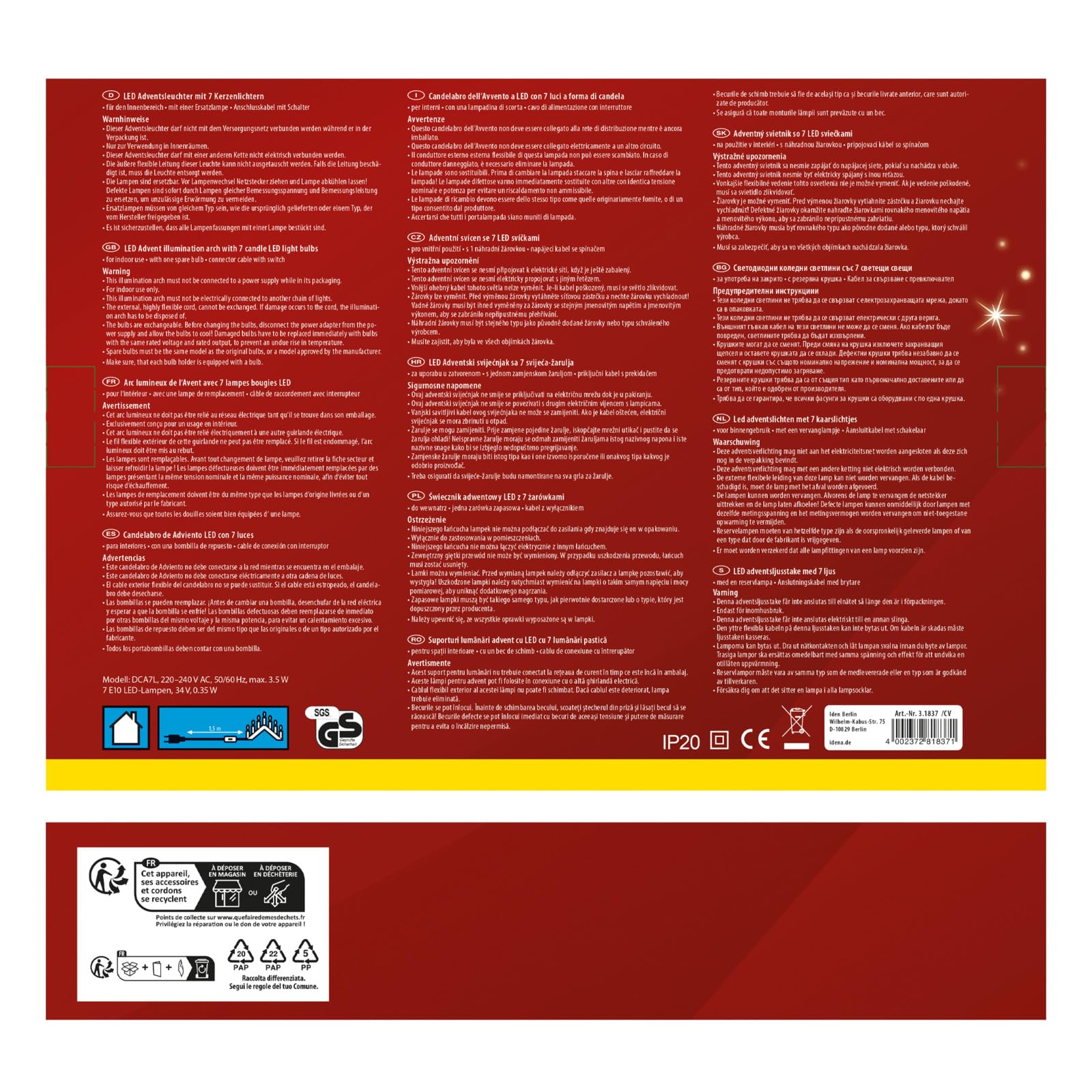 Idena 31837 - LED Adventsleuchter mit 7 LED Kerzenlichtern in Warmweiß, Schwibbogen aus weiß lackiertem Holz, mit Ersatzlampe und Schalter, Deko für Innen, als Winter-, Advents- und Weihnachtsdeko