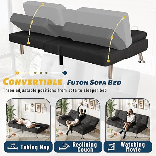 Miniatura 26 de Furmax Sofá cama futón ajustable, sofá cama para sala de estar, oficina de negocios, sofás reclinables con portavasos (piel sintética, negro) Negro