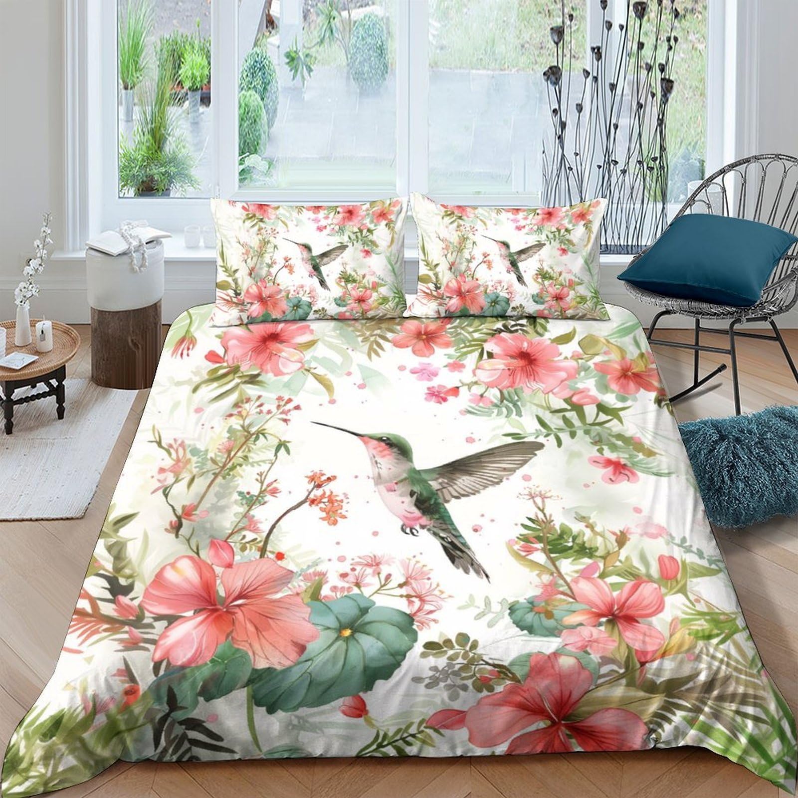 Ctjqhvkz Style-4 3D Printed Hummingbird Floral Fitted Sheet Microfiber Soft Pink Green Mattress Cover Bedroom Decor Single（135X200cm）