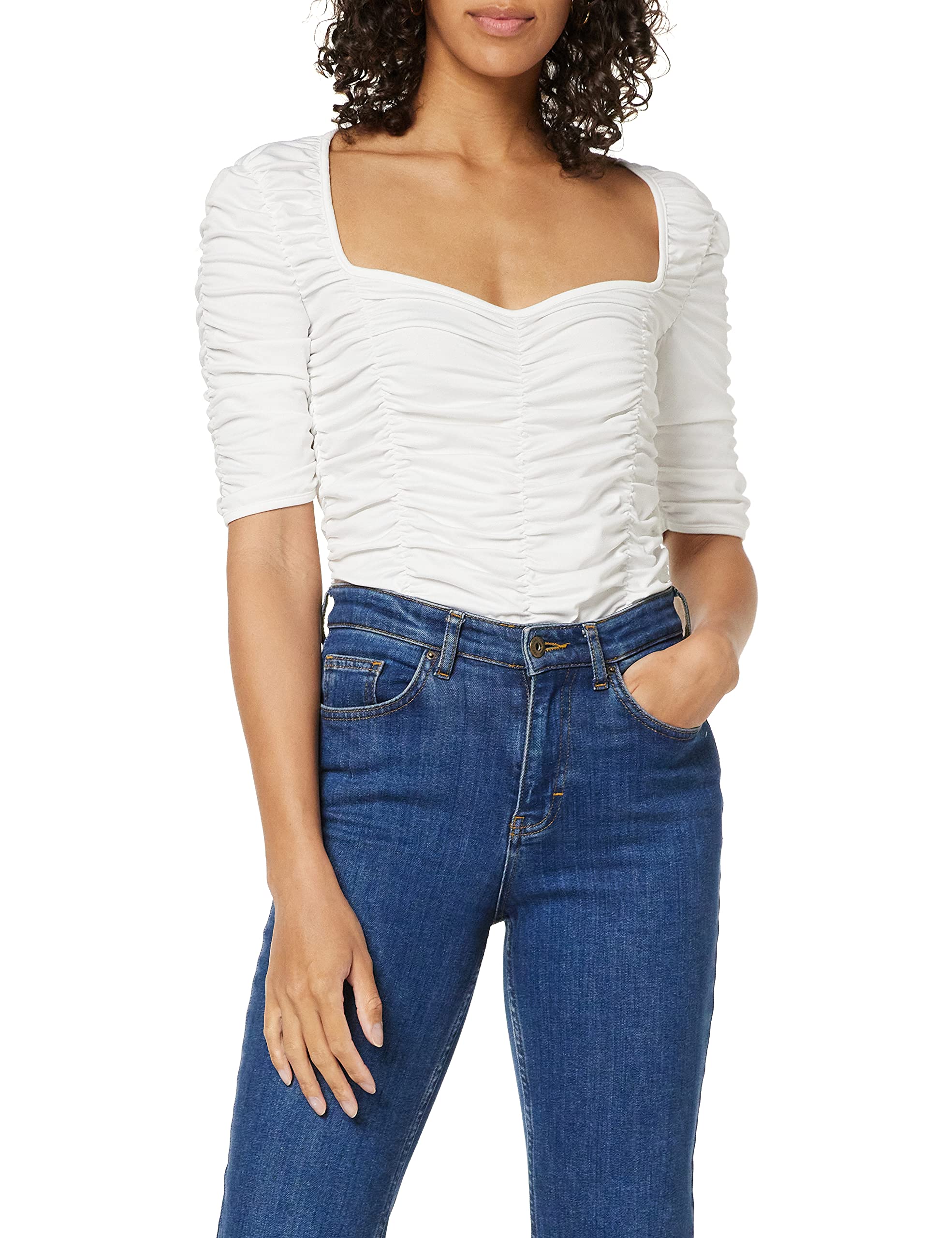 NA-KD Women's Gathered Jersey Top Shirt, Off White, Medium