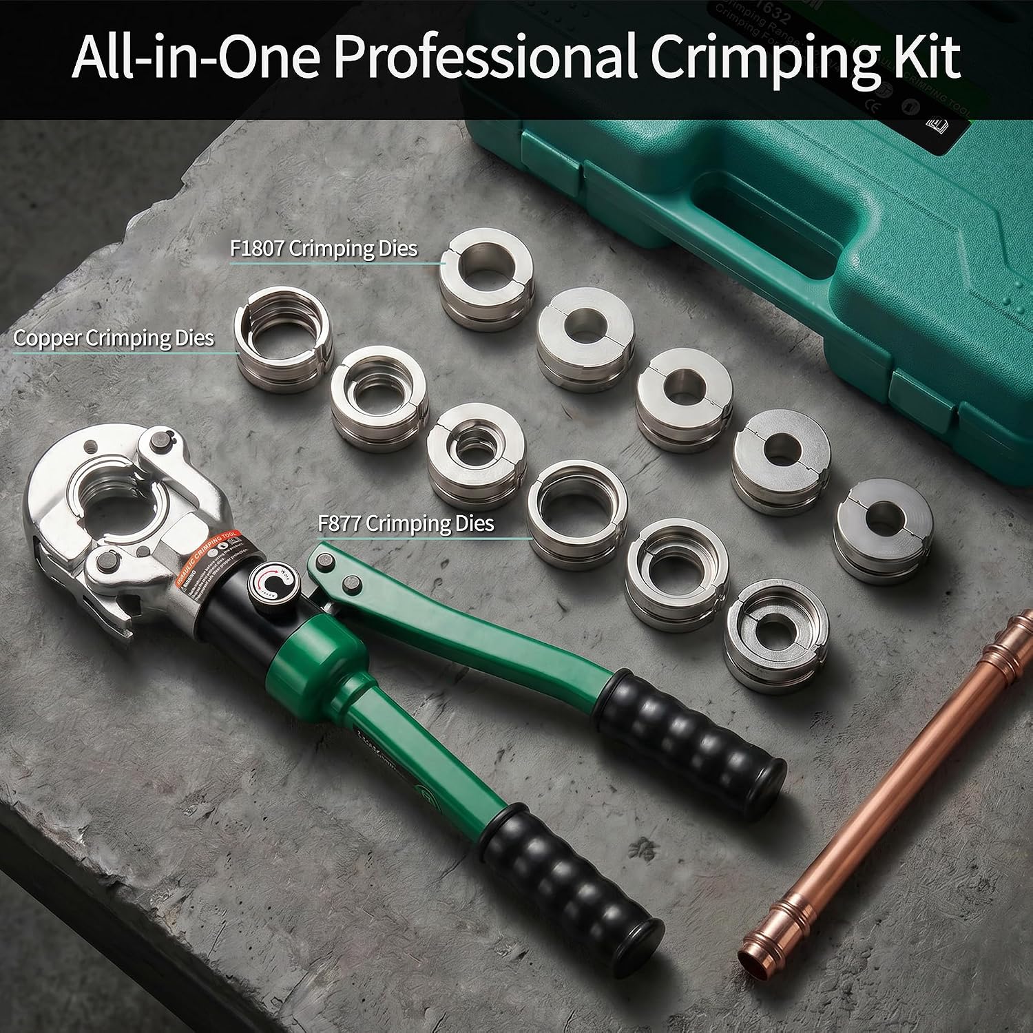 Copper Pipe press Tool with 1/2",3/4",1" Dies for Copper Pipe and F877 Stainless PEX Press Sleeves, 3/8",1/2",5/8",3/4",1" Dies for ASTM F1807 Pex Pipe Copper Ring Pipe Fittings Crimping Tool
