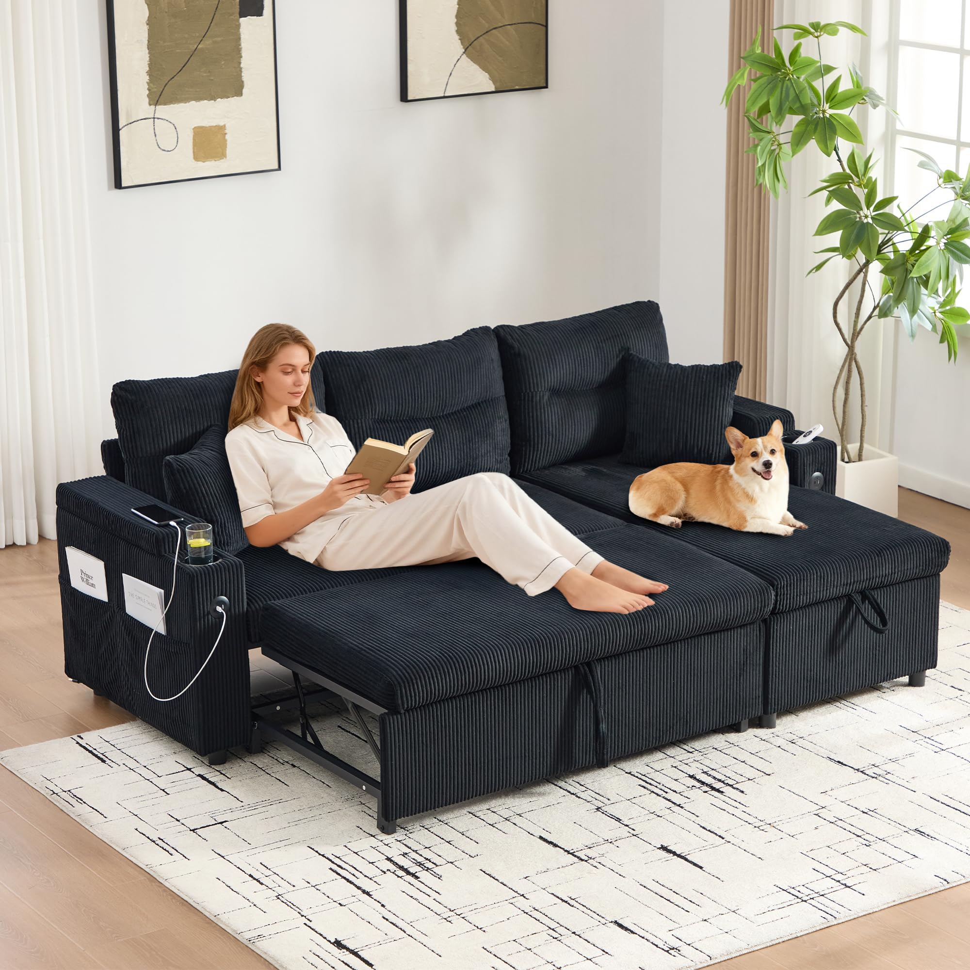 Sofá convertible con sofá cama modular en L con cama nido y chaise longue de almacenamiento, sofá esquinero convertible de 3 plazas con 2 portavasos y puertos USB para sala de estar, cine en