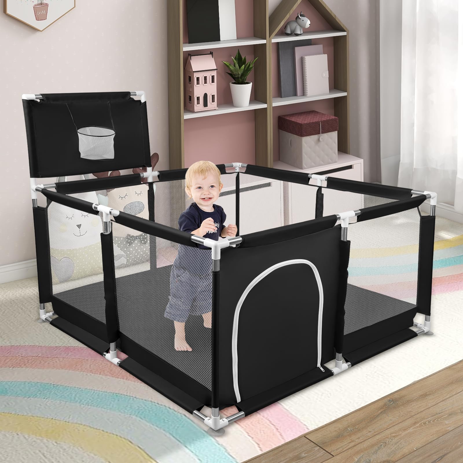 Parc Bébé,Modulable 126x126cm,50 Balles,Pliable pour Enfants 0-24 Mois,Aire de Jeu Sécurisée Maison, Tapis Anti-Dérapant Intérieur,Centre d'Activités pour Enfants,Basketball Rack