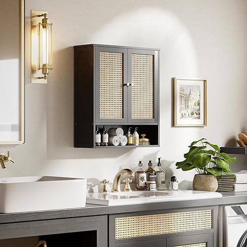 Miniatura 2 de HITNET Gabinete de baño montado en la pared, gabinete colgante de ratán, gabinete de pared de baño que ahorra espacio con 2 puertas y estantes