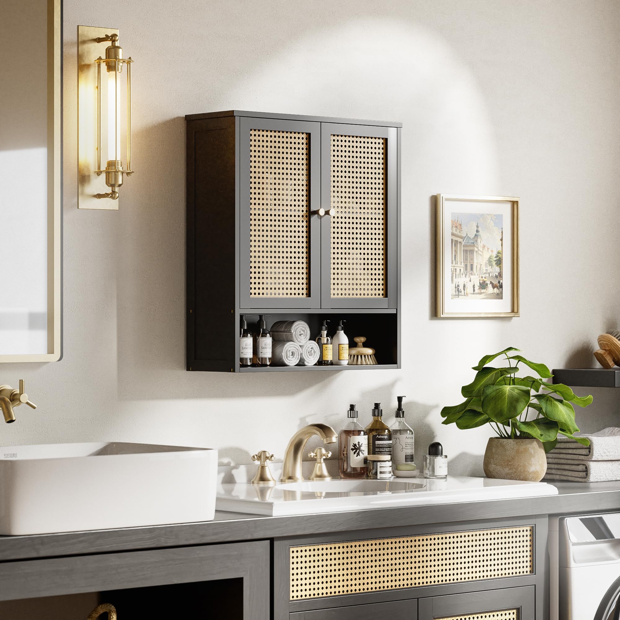 HITNET Badezimmer Wandschrank Bambus, Rattan Badschrank Hängend über der Toilette mit 2 Türen und verstellbaren Regalen, für kleinen Raum, Schwarz