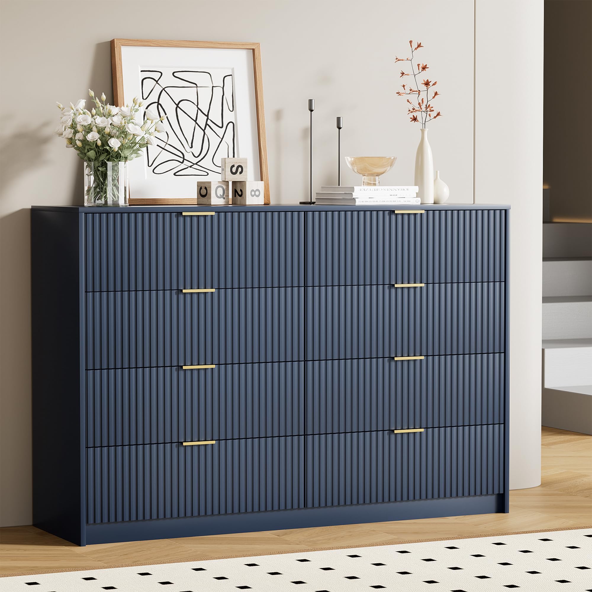 Furniway Navy Blue Dresser Bedroom Set 3 Pieces, Nightstands Sets of 2, 8 Drawer Dresser with Gold Handles for Bedroom