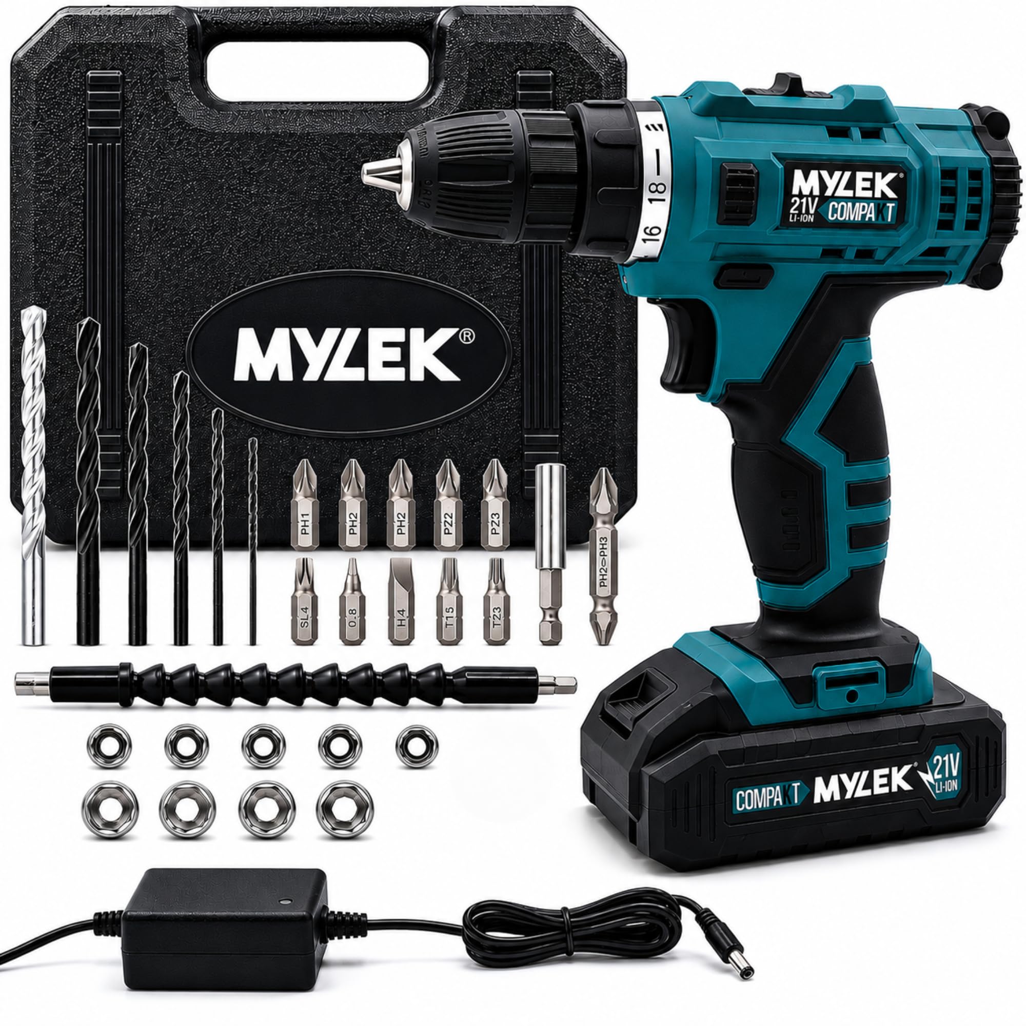 MYLEK 21V Cordless Drill Driver - 1400RPM, 30Nm Torque, 29 Piece Accessory Kit, 90 Min Charge